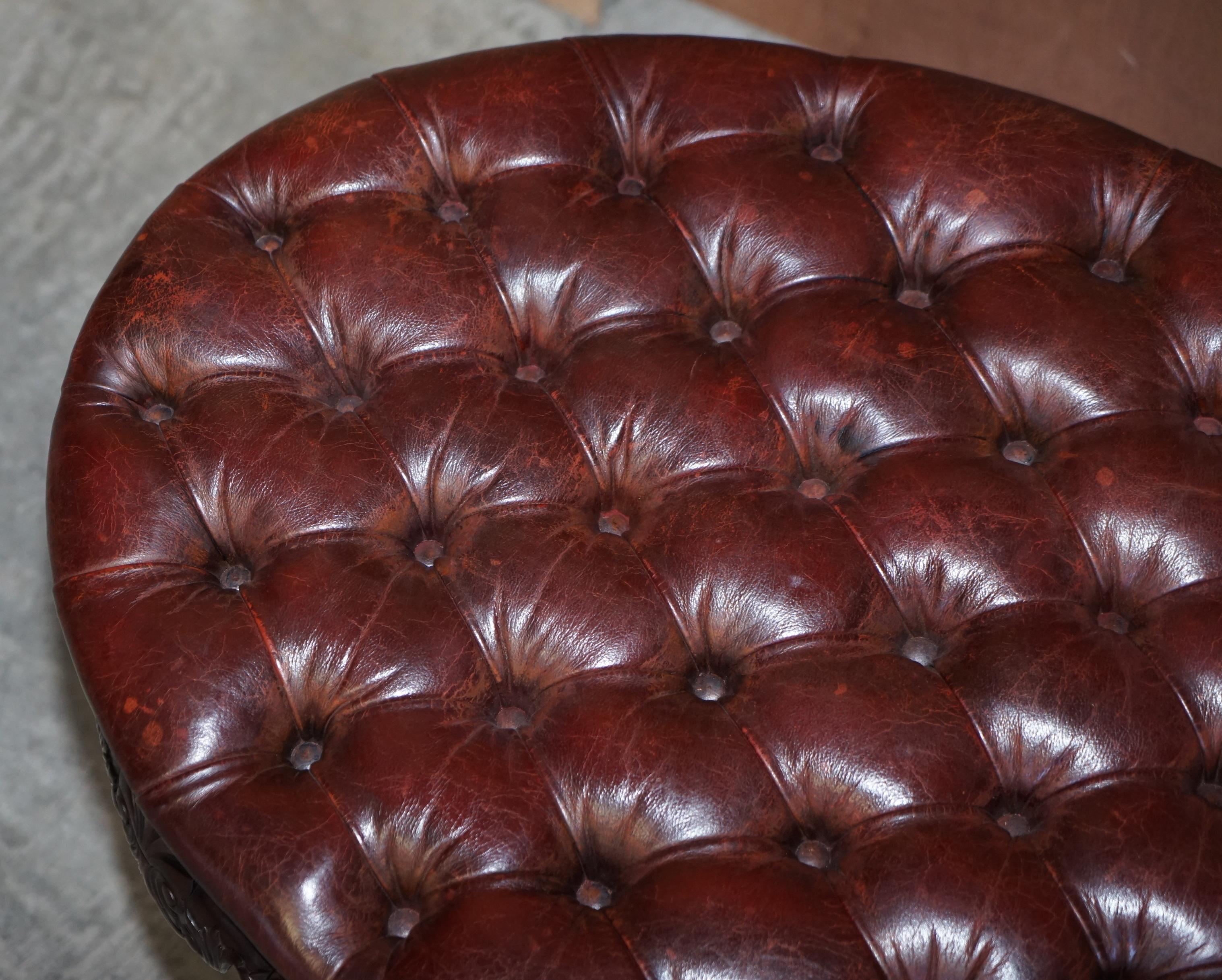 English Antique F Parker & Sons Ltd Claw & Ball Chesterfield Brown Leather Bench Stool