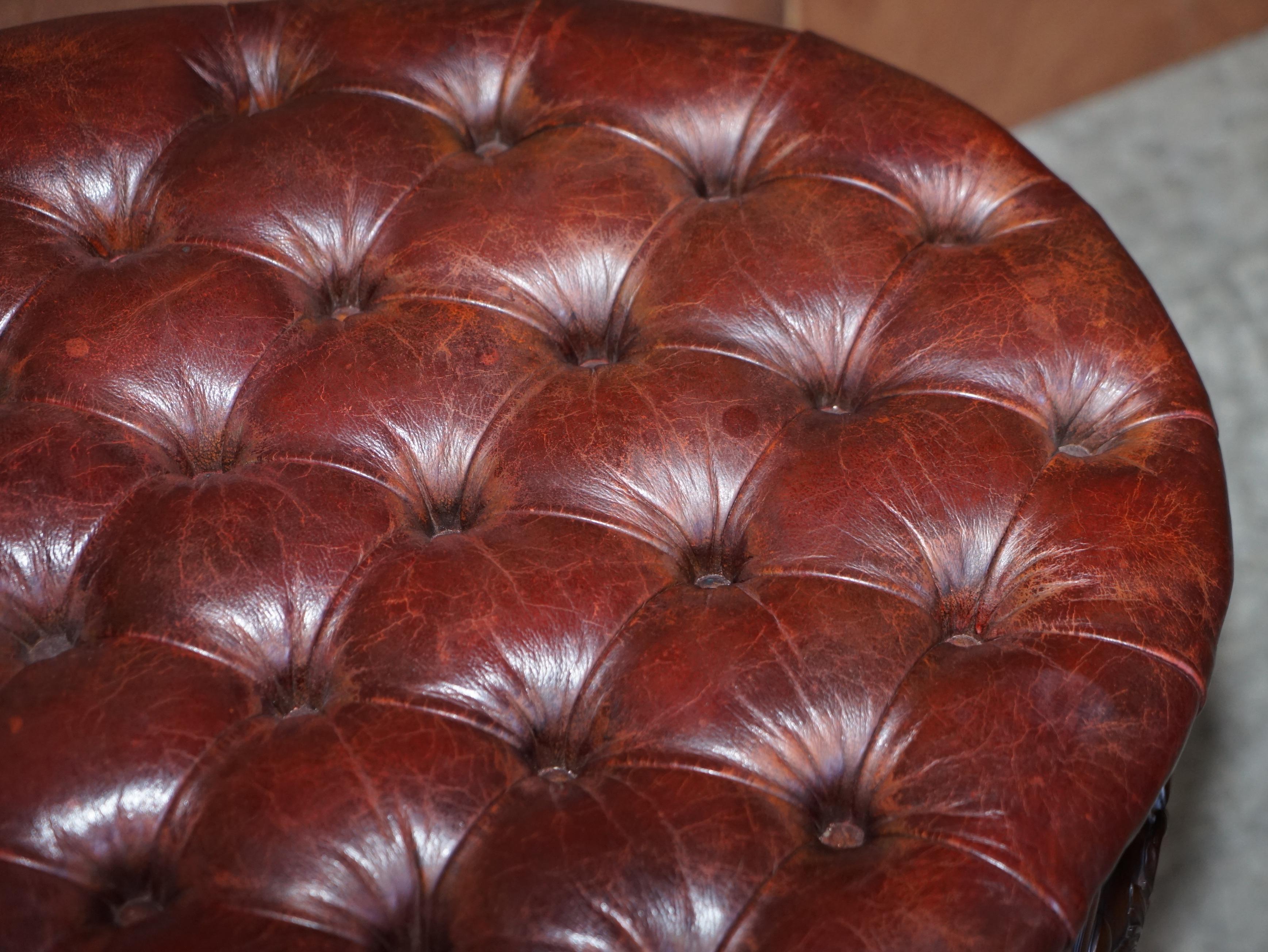 Early 20th Century Antique F Parker & Sons Ltd Claw & Ball Chesterfield Brown Leather Bench Stool