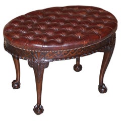 Antique F Parker & Sons Ltd Claw & Ball Chesterfield Brown Leather Bench Stool