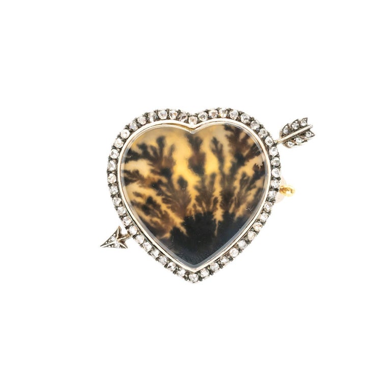 Belle Époque Antique Fabergé Dendritic Agate Diamond Gold and Silver Heart Brooch, Circa 1915 For Sale