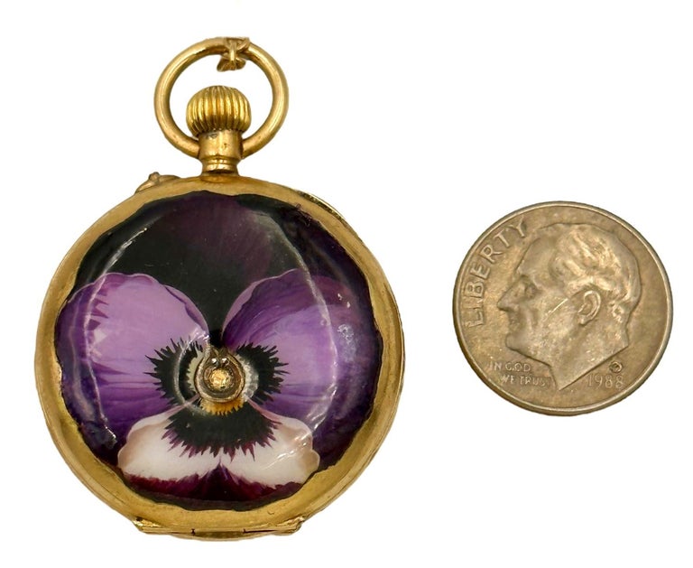 Antique Faberge Pansy Gold Enamel Locket Pendant Not Watch In Excellent Condition In Sesser, IL