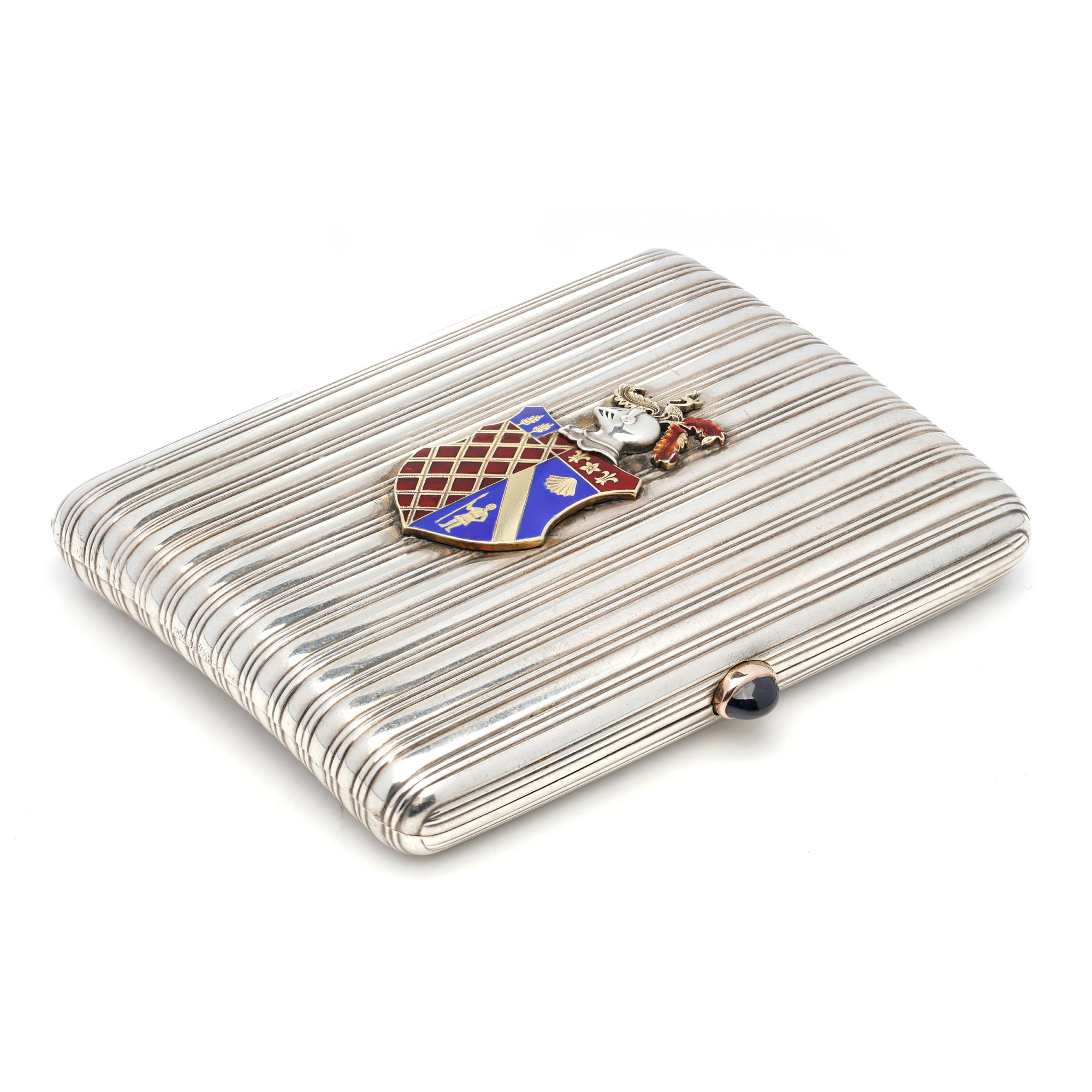 Enameled Antique Fabergé Parcel-Gilt Silver Cigarette Case with Coat of Arms