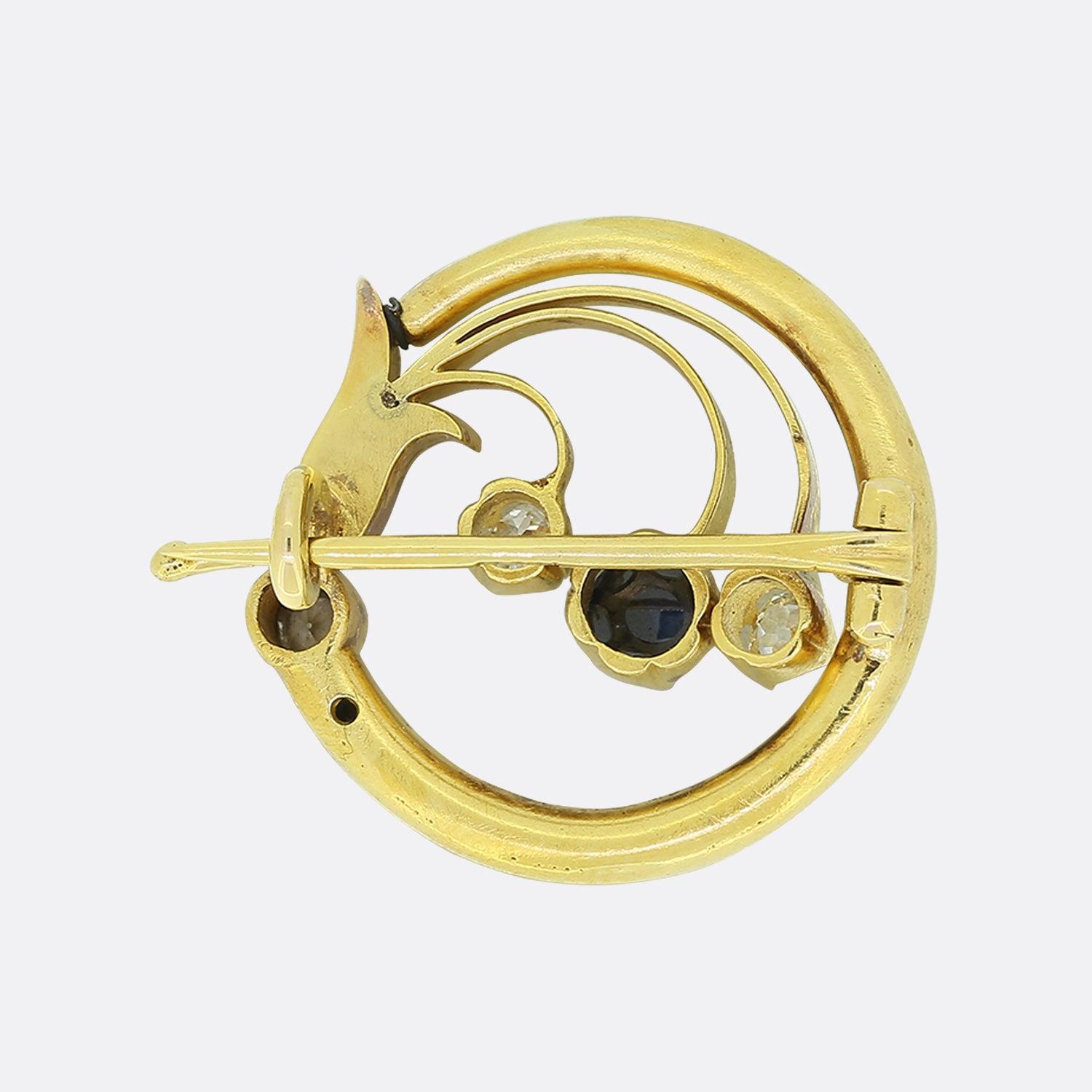 This is a truly rare and wonderful brooch from the luxury jewellery house Faberge. The brooch dates back to the early 1900s and is stamped in Cyrillic KF (Karl Faberge) and the 56 gold hallmark. As you would expect the workmanship is outstanding and