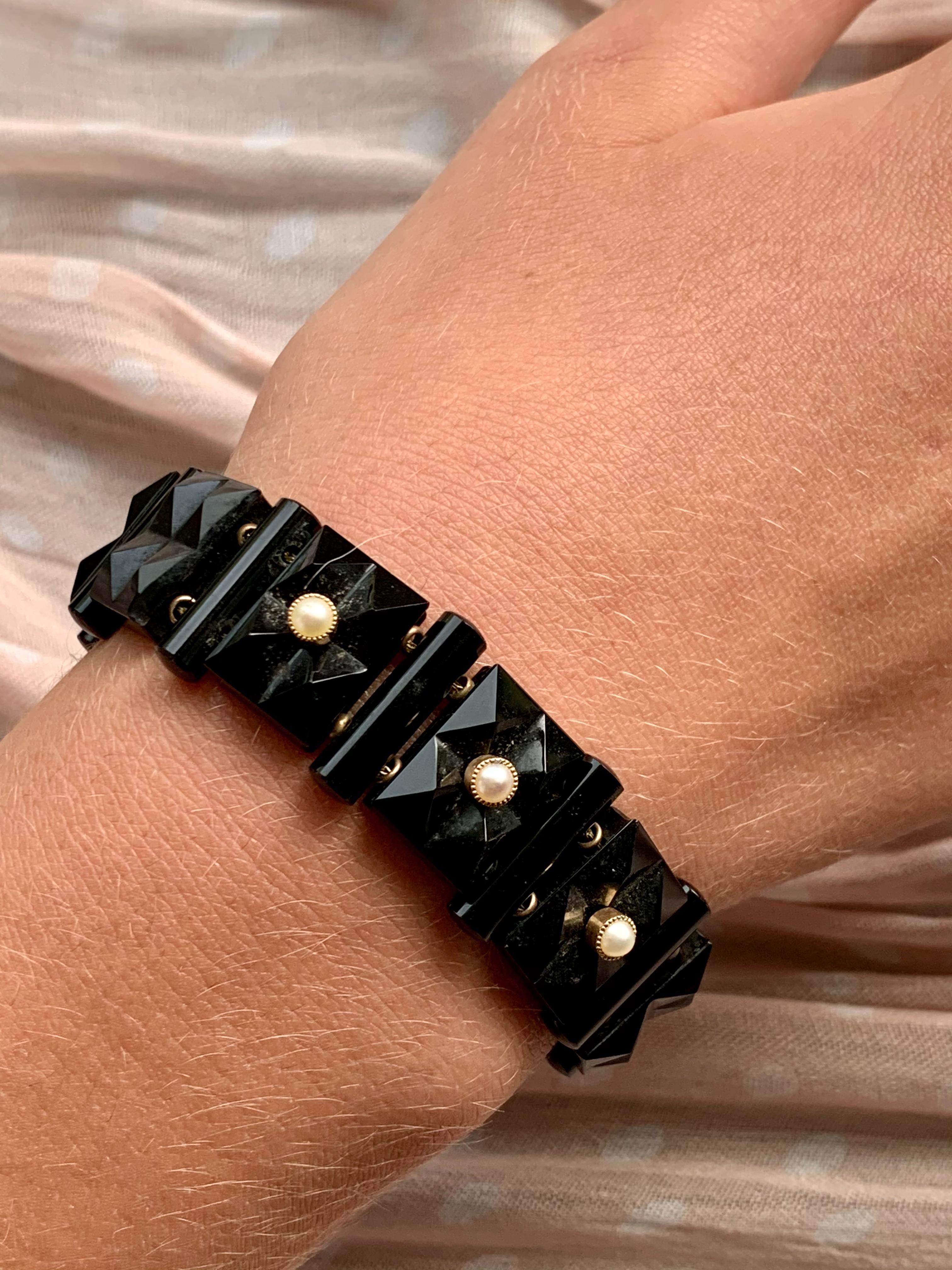 Antique Faceted Black Onyx and Pearl Bracelet For Sale 4