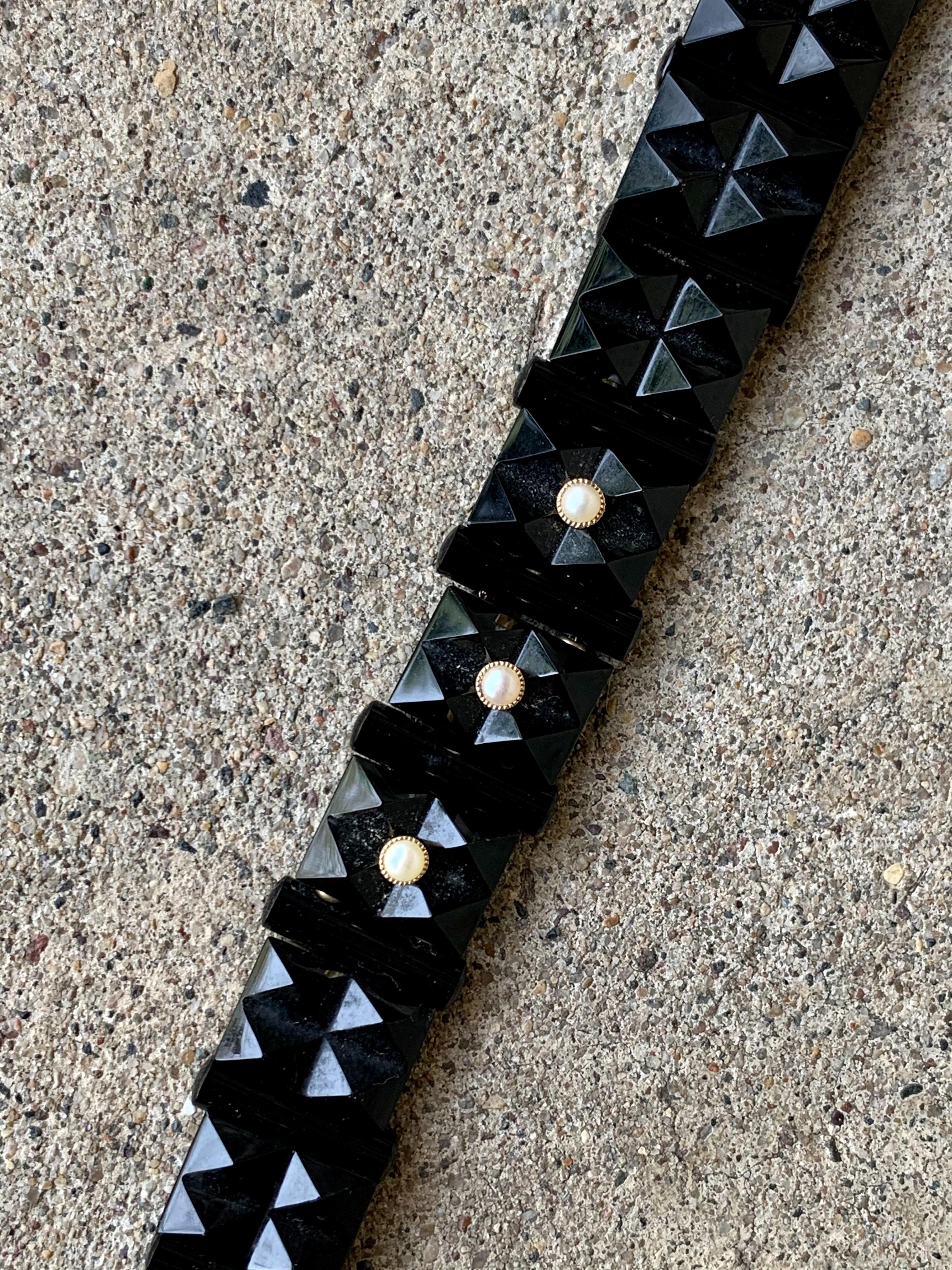 Antique Faceted Black Onyx and Pearl Bracelet For Sale 1