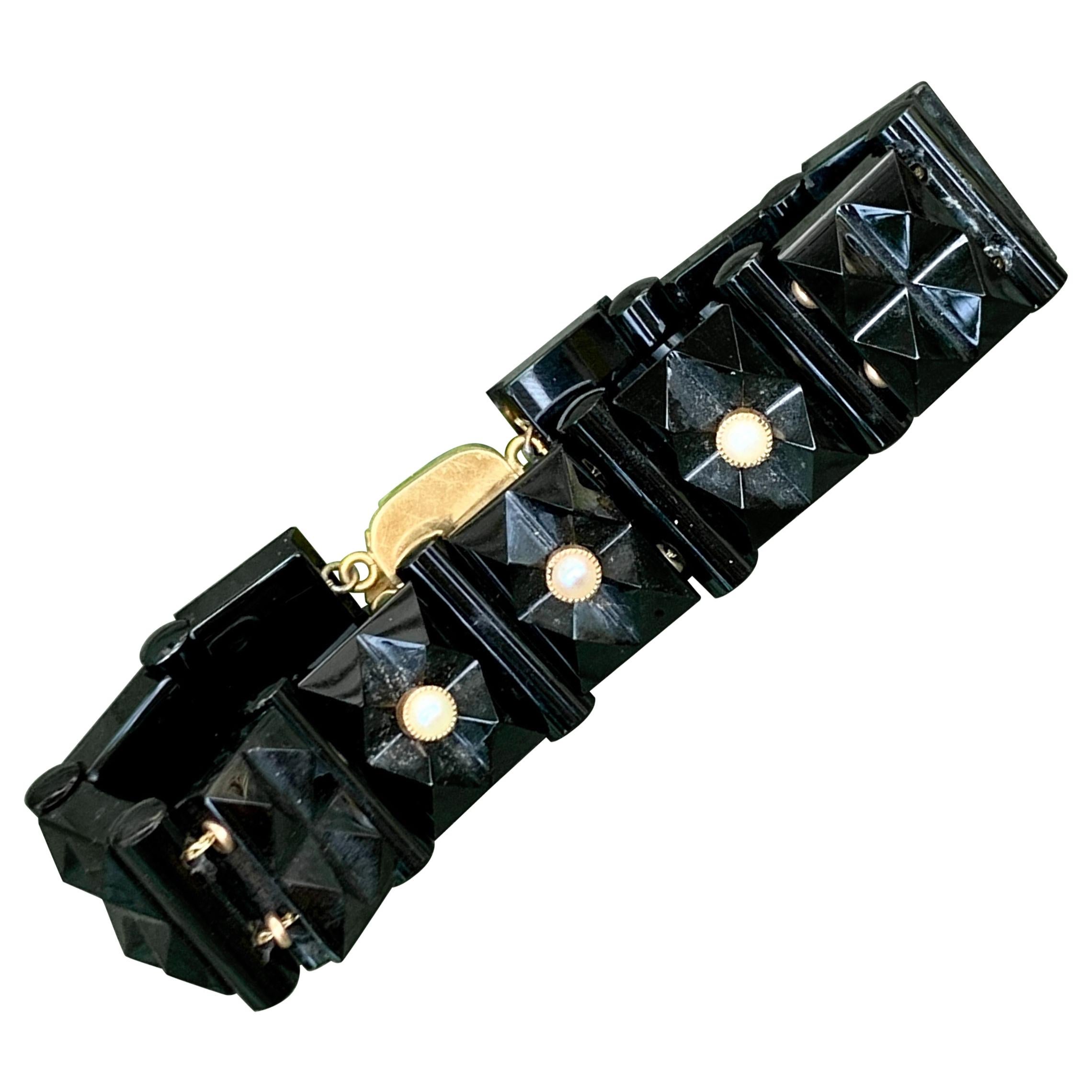 Antique Faceted Black Onyx and Pearl Bracelet For Sale