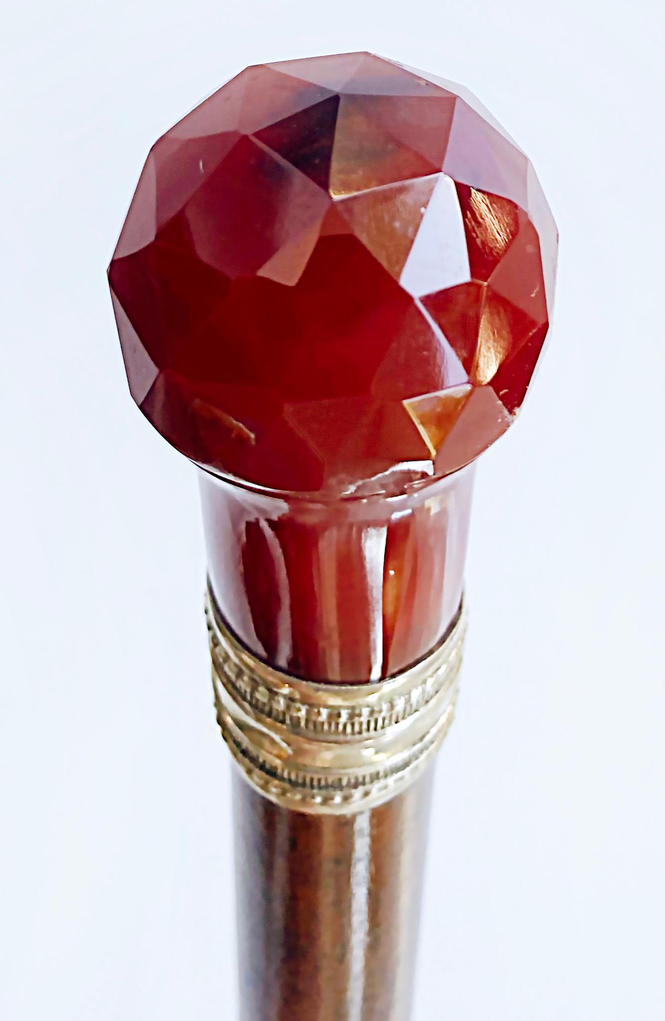 20th Century Antique Faceted Carnelian and Silver Banded Walking Stick Cane For Sale