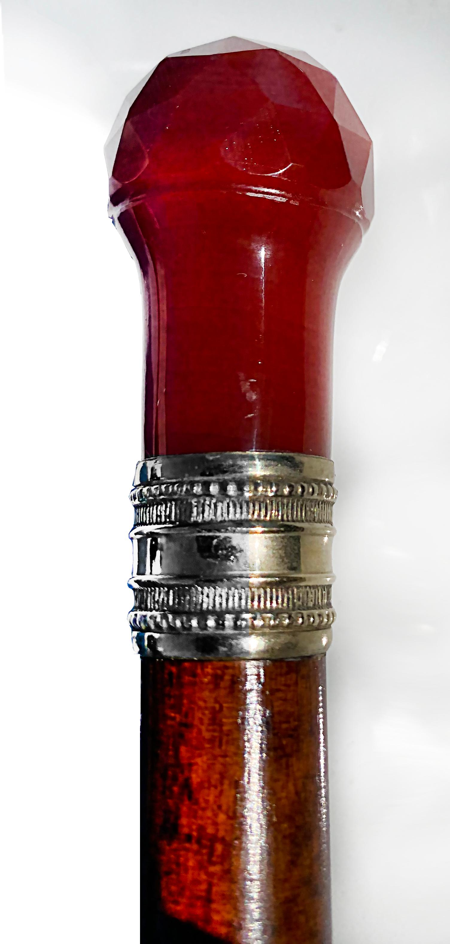 Antique Faceted Carnelian and Silver Banded Walking Stick Cane For Sale 1