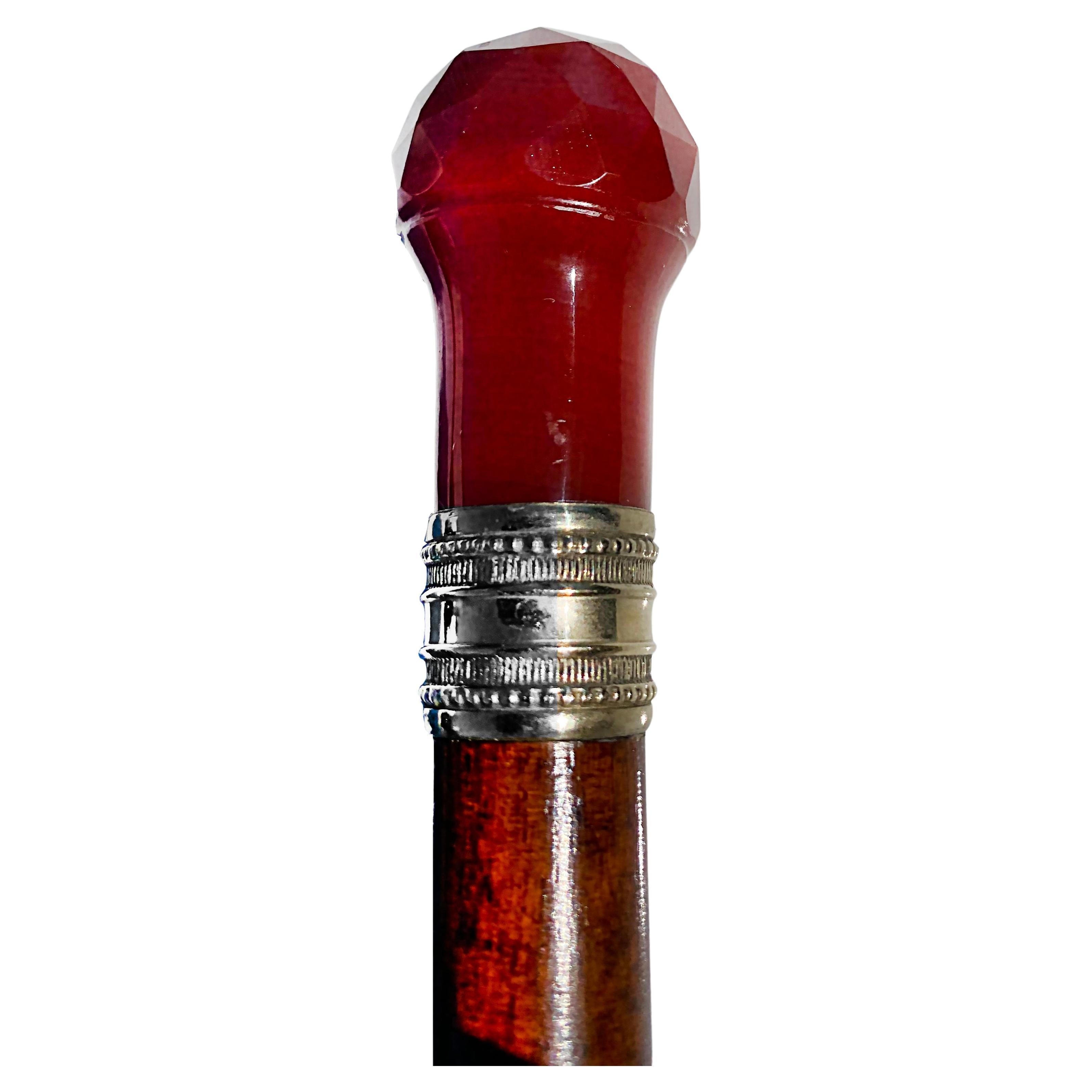 Antique Faceted Carnelian and Silver Banded Walking Stick Cane