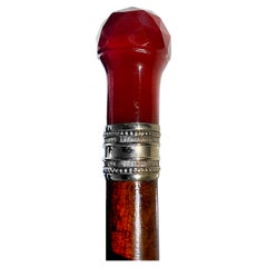 Used Faceted Carnelian and Silver Banded Walking Stick Cane