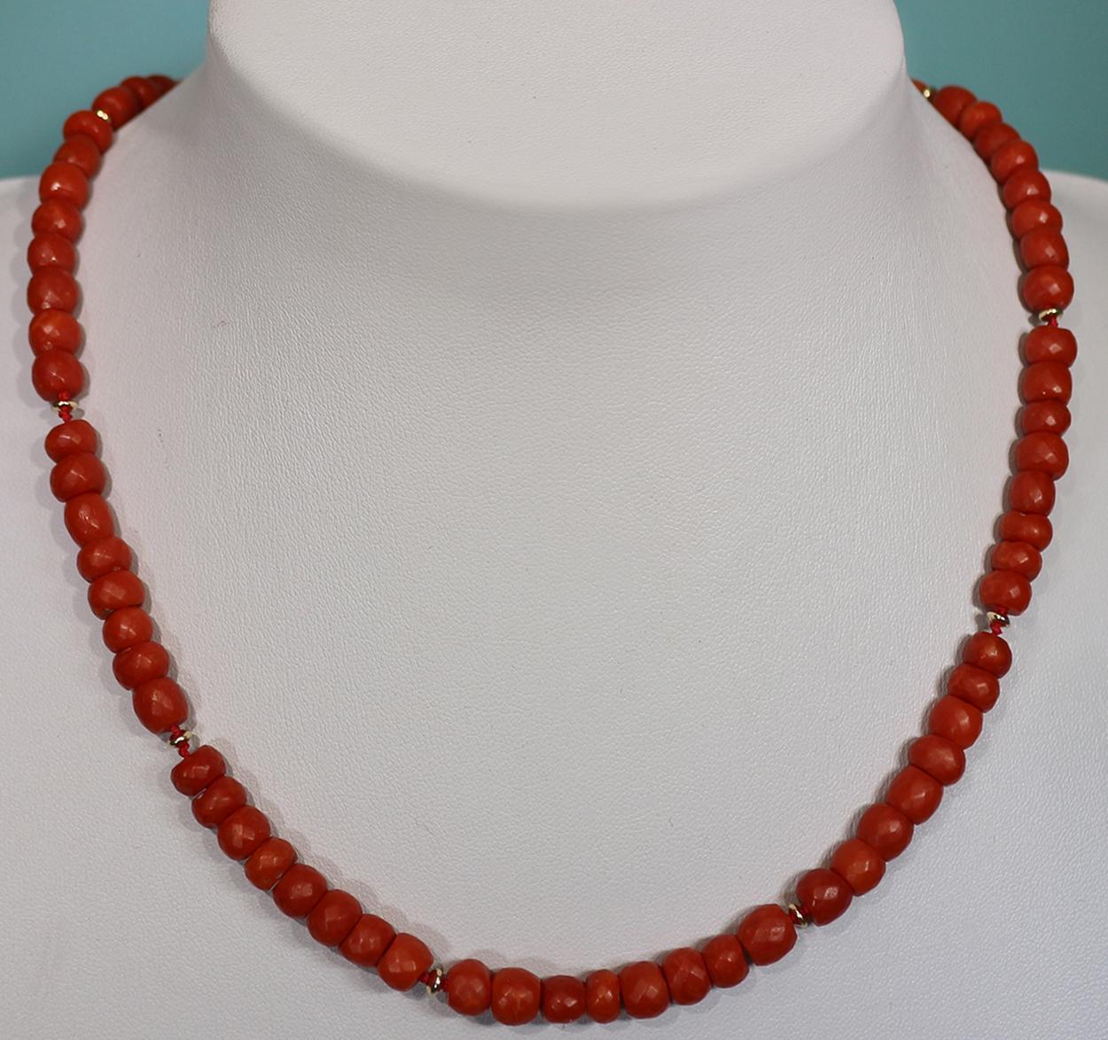 Ball Cut Antique Faceted Mediterranean Sardegna Coral Necklace, 18K Gold Clasp For Sale