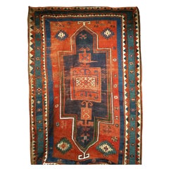 Antiker Fachralo-Kazak-Gebetsteppich, handgewebt aus Wolle, in den Farben Kaki und Grün, 4' x 6'