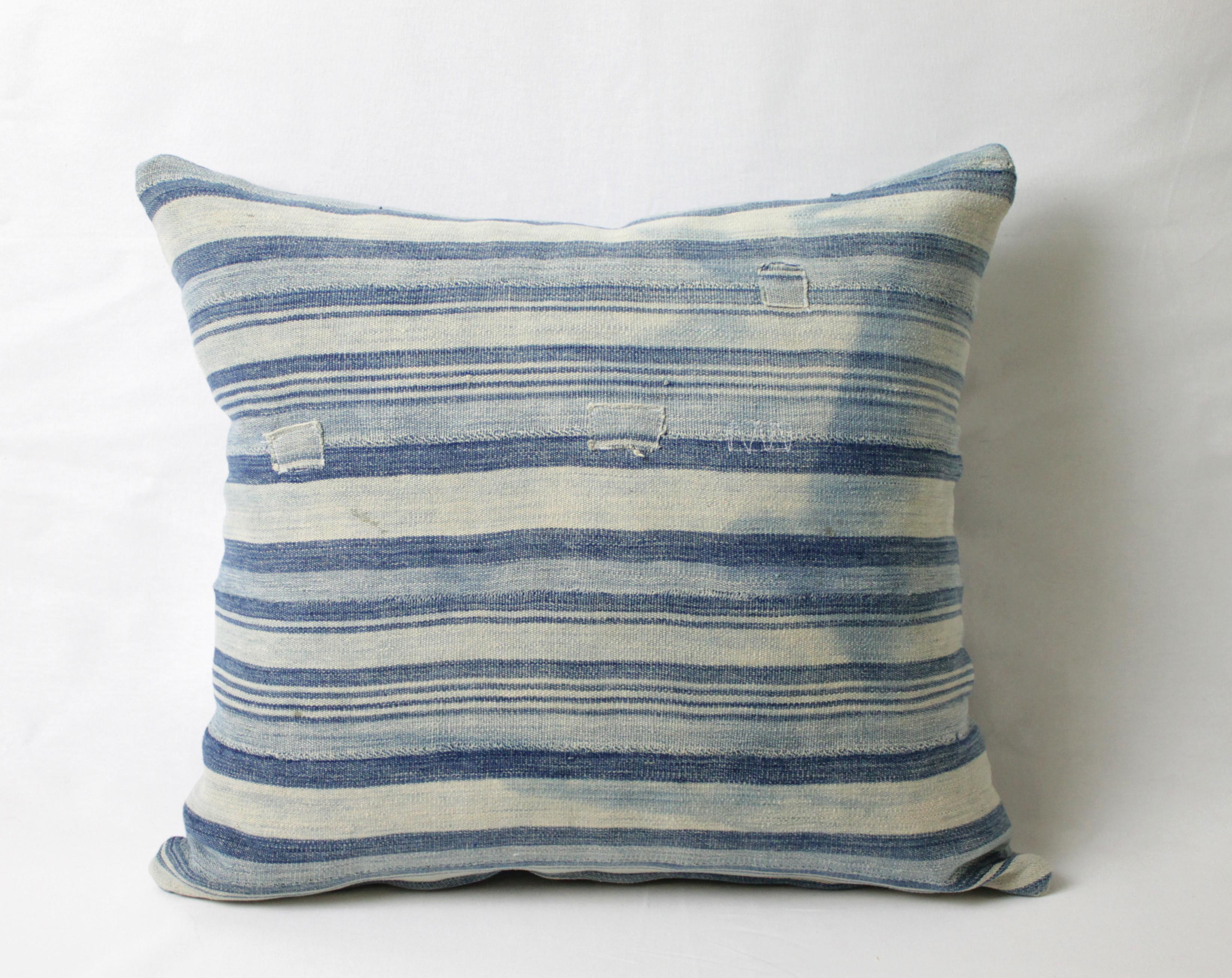 Antique Faded Blue Indigo Stripe African Mudcloth Pillow 3