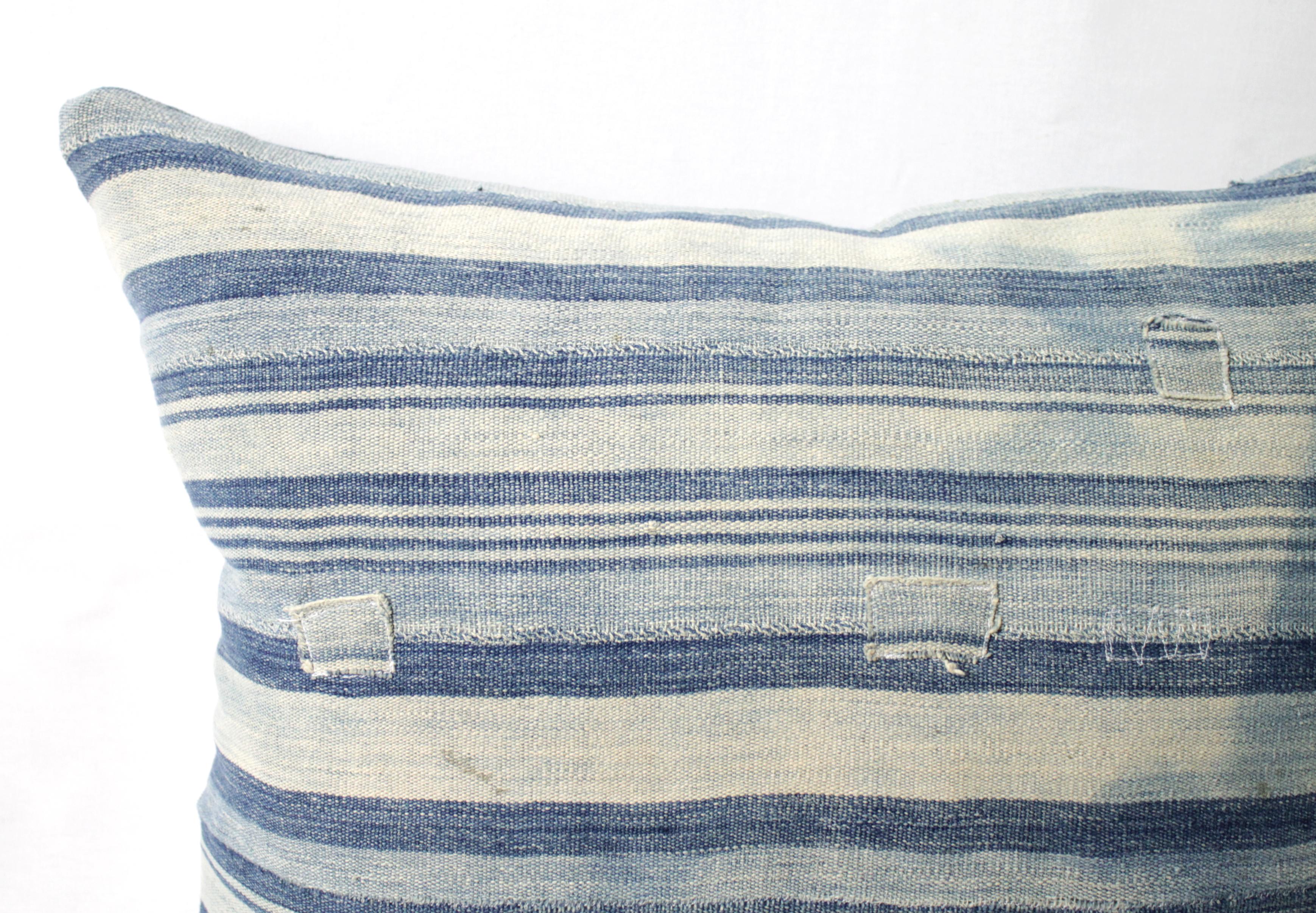 Antique Faded Blue Indigo Stripe African Mudcloth Pillow 4