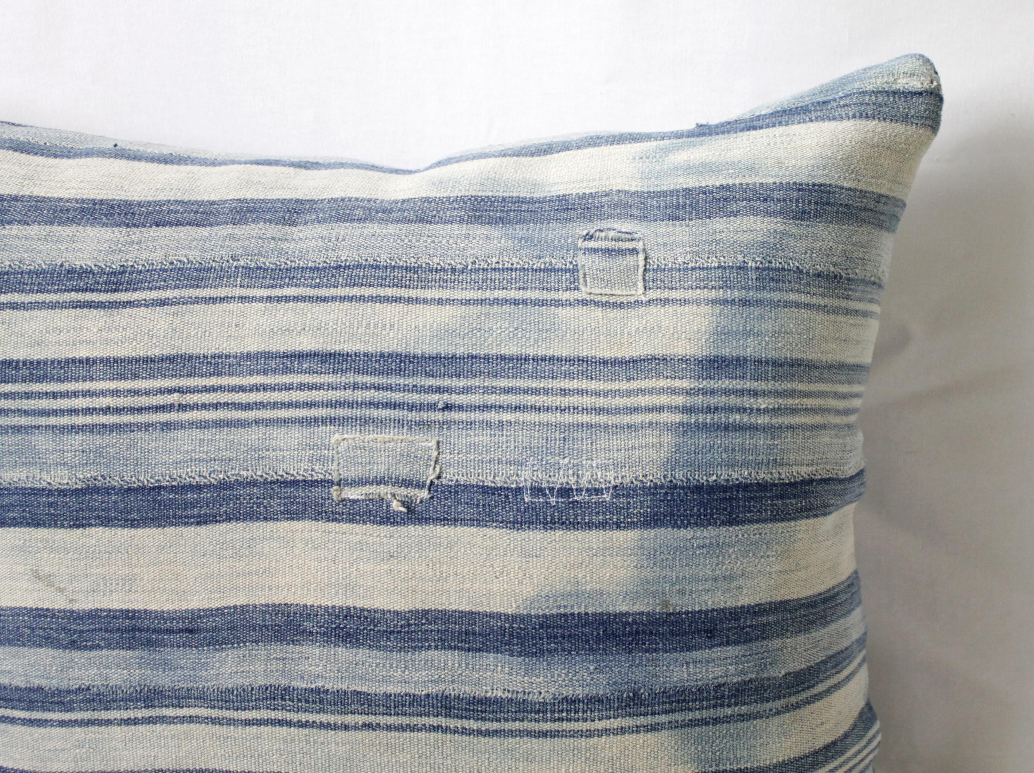 Antique Faded Blue Indigo Stripe African Mudcloth Pillow 5