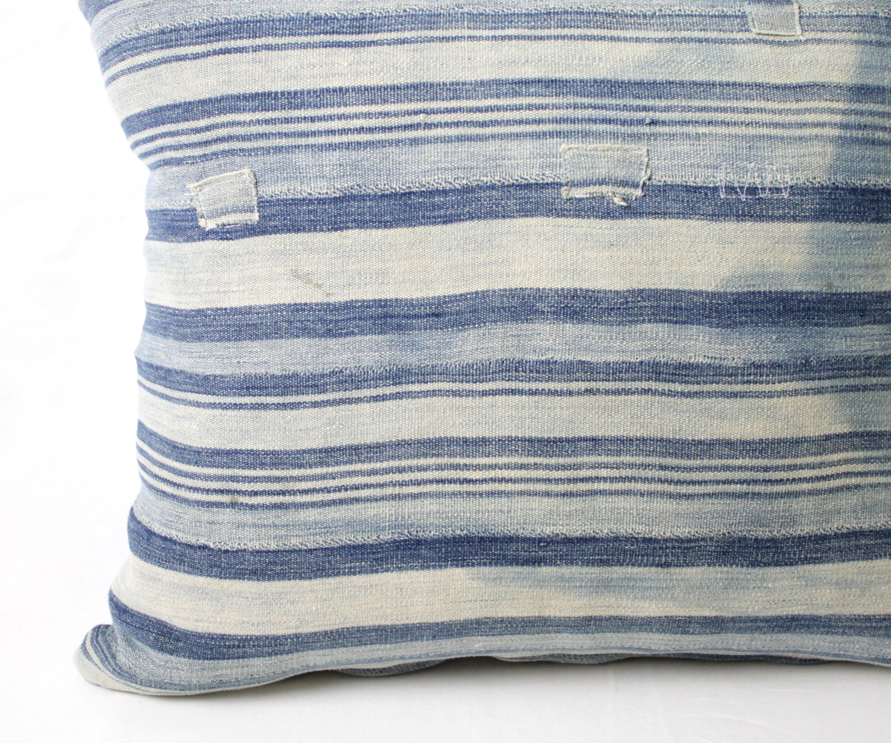 Antique Faded Blue Indigo Stripe African Mudcloth Pillow 6