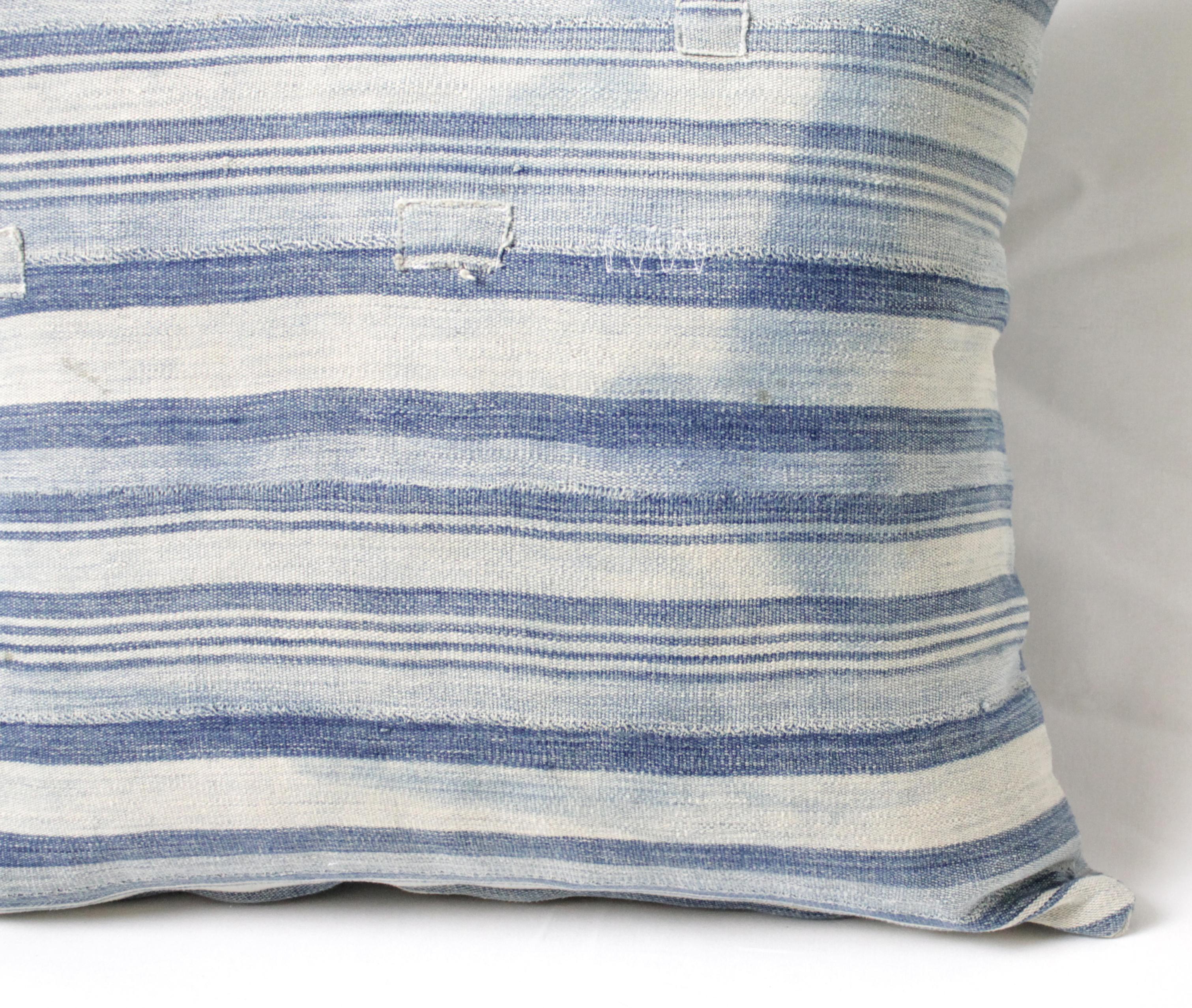 Antique Faded Blue Indigo Stripe African Mudcloth Pillow 7