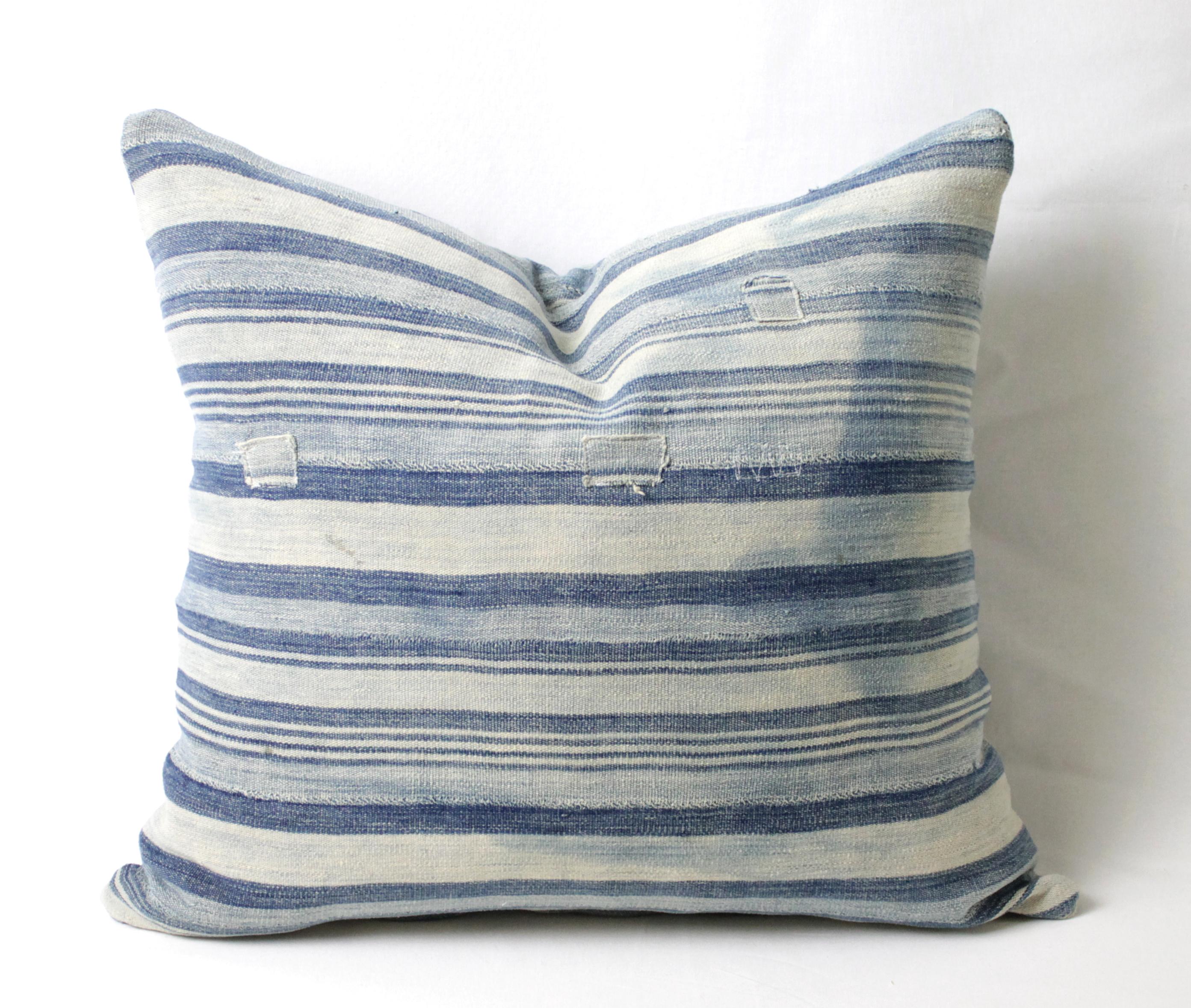 Antique Faded Blue Indigo Stripe African Mudcloth Pillow 10