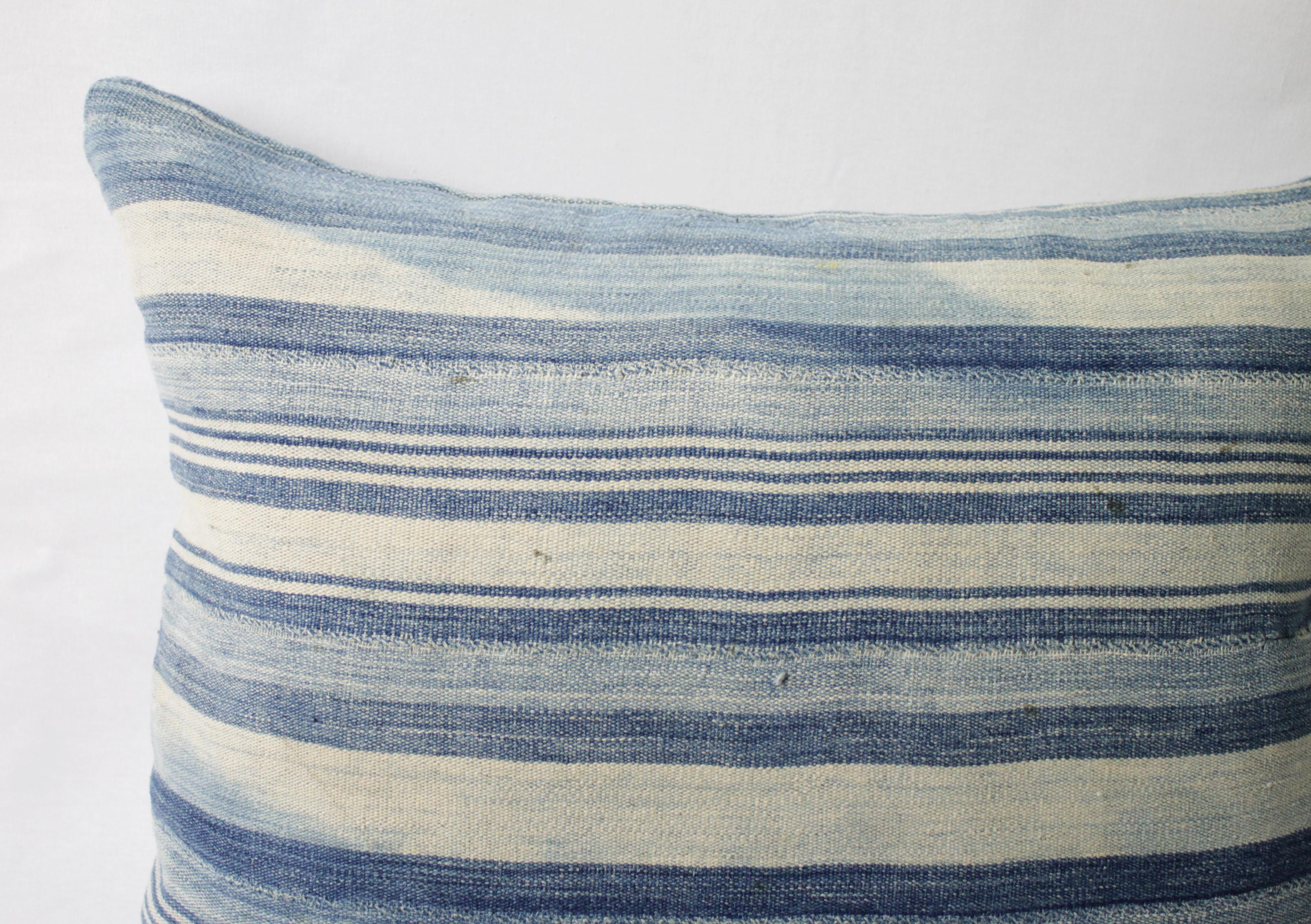 Bohemian Antique Faded Blue Indigo Stripe African Mudcloth Pillow