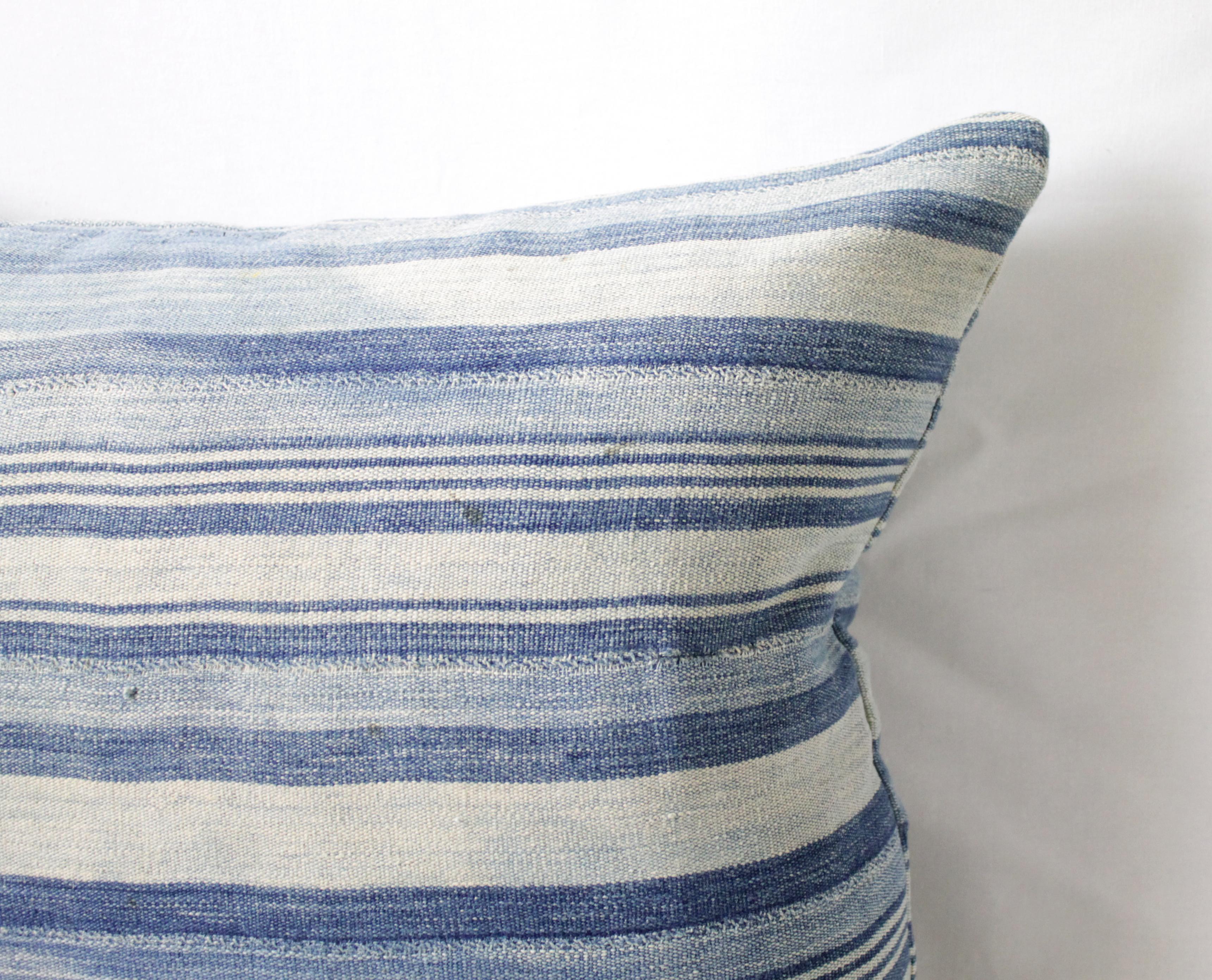 Malian Antique Faded Blue Indigo Stripe African Mudcloth Pillow