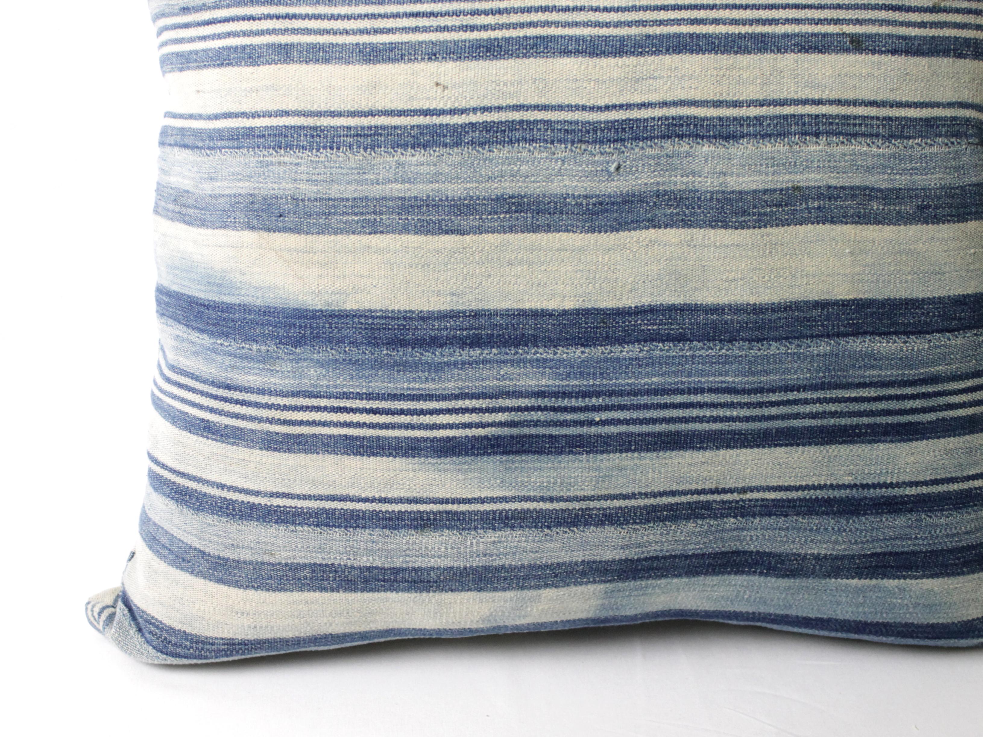Antique Faded Blue Indigo Stripe African Mudcloth Pillow In Good Condition In Old Town Orange, CA