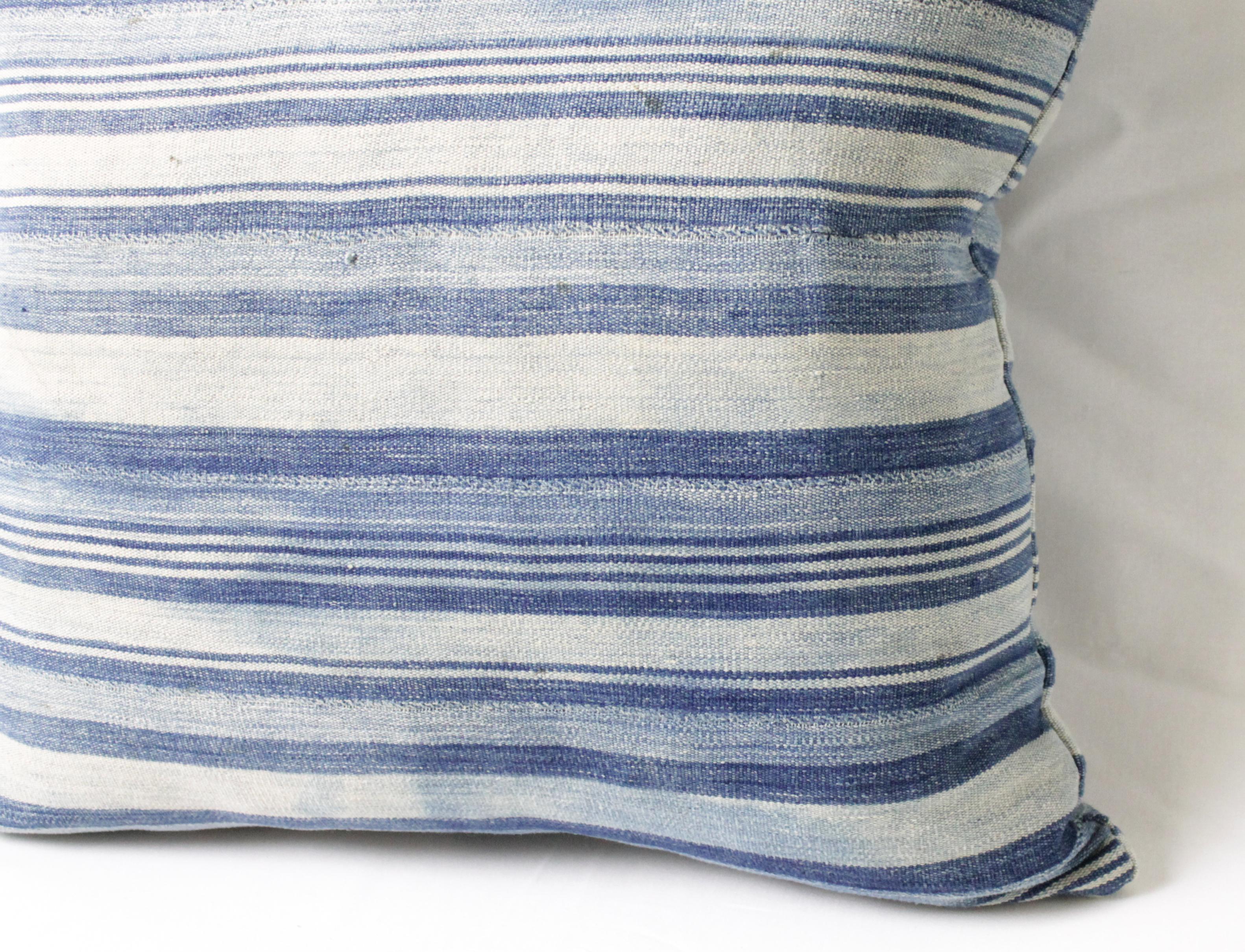 Mid-20th Century Antique Faded Blue Indigo Stripe African Mudcloth Pillow