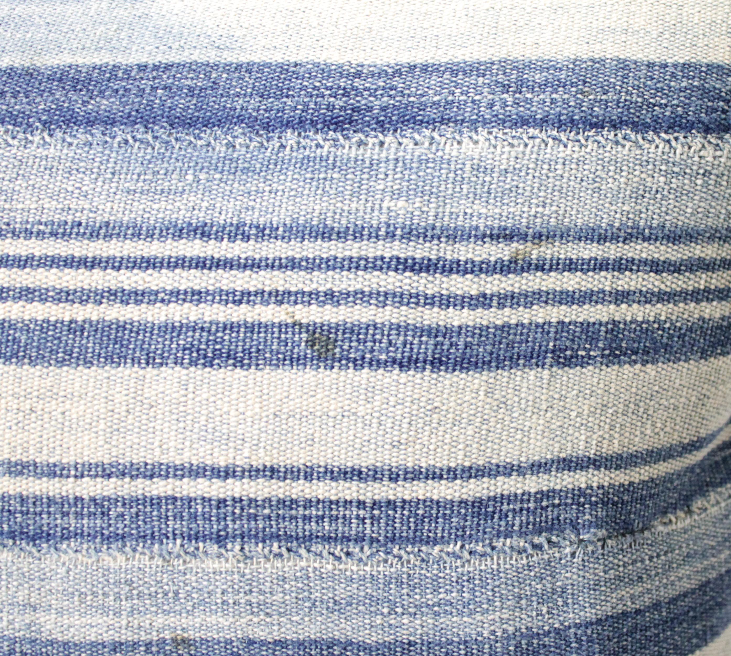 Linen Antique Faded Blue Indigo Stripe African Mudcloth Pillow