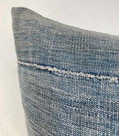 Antique Faded Blue Indigo Stripe African Mudcloth Pillow with Fringe