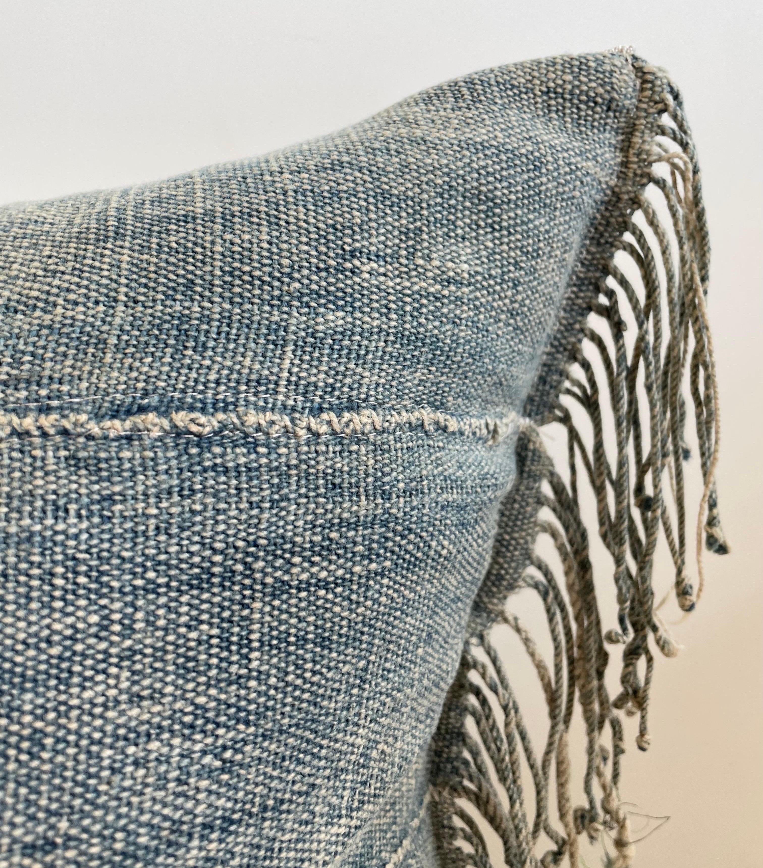 Antique Faded Blue Indigo Stripe African Mudcloth Pillow with Fringe In Good Condition In Brea, CA