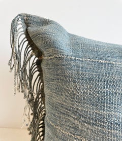 Antique Faded Blue Indigo Stripe African Mudcloth Pillows with Fringe