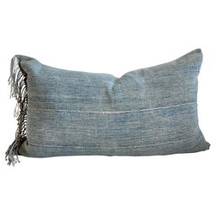 Antique Faded Blue Indigo Stripe African Mudcloth Pillows with Fringe
