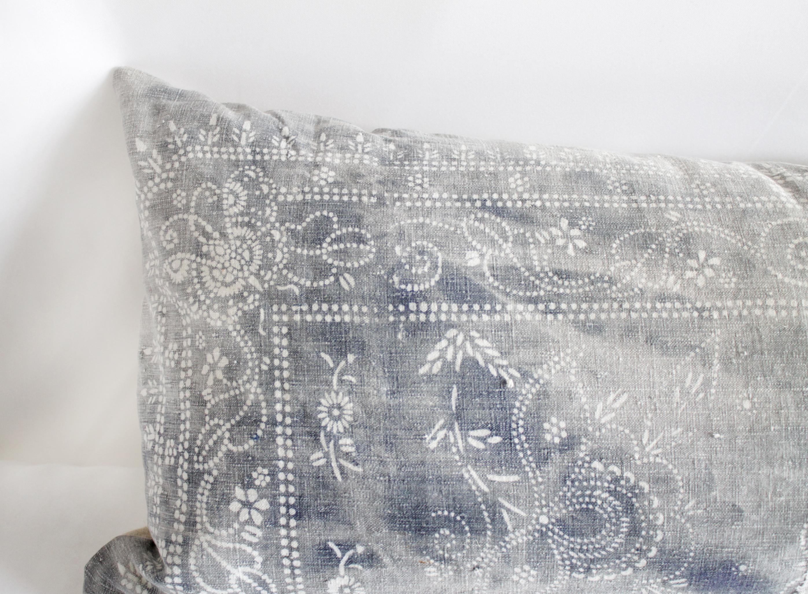 Antique faded gray and white batik Lumbar patchwork pillow
Measures: 15