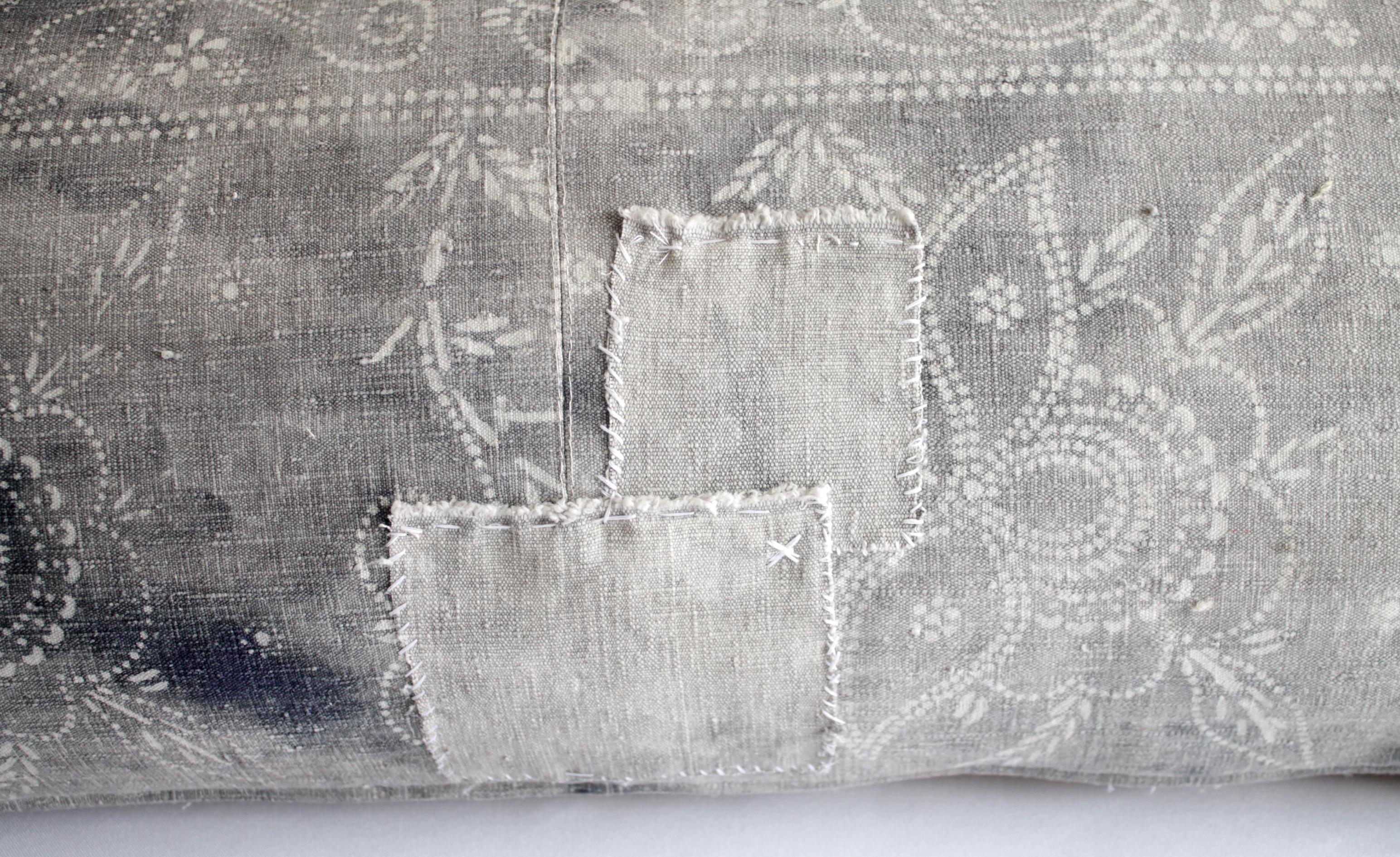 Asian Antique Faded Gray and White Batik Lumbar Patchwork Pillow