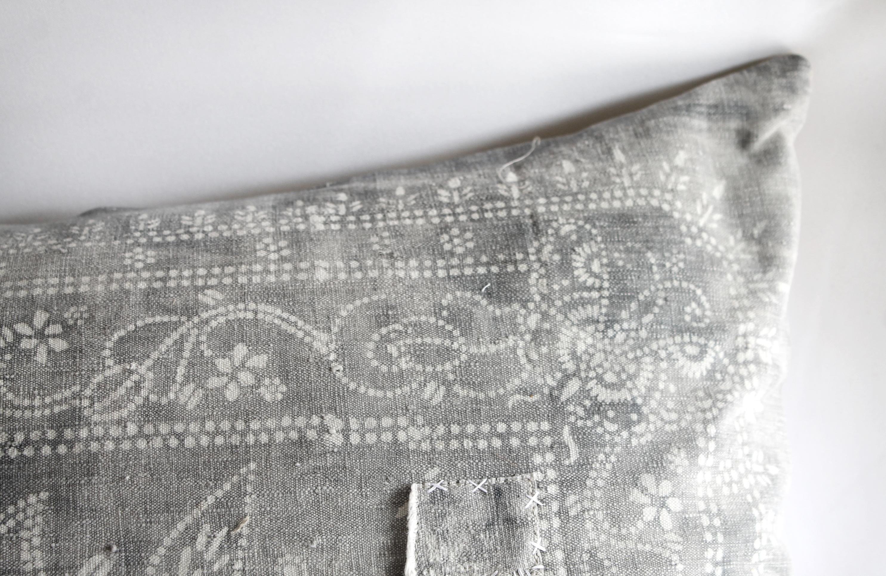 Cotton Antique Faded Gray and White Batik Lumbar Patchwork Pillow