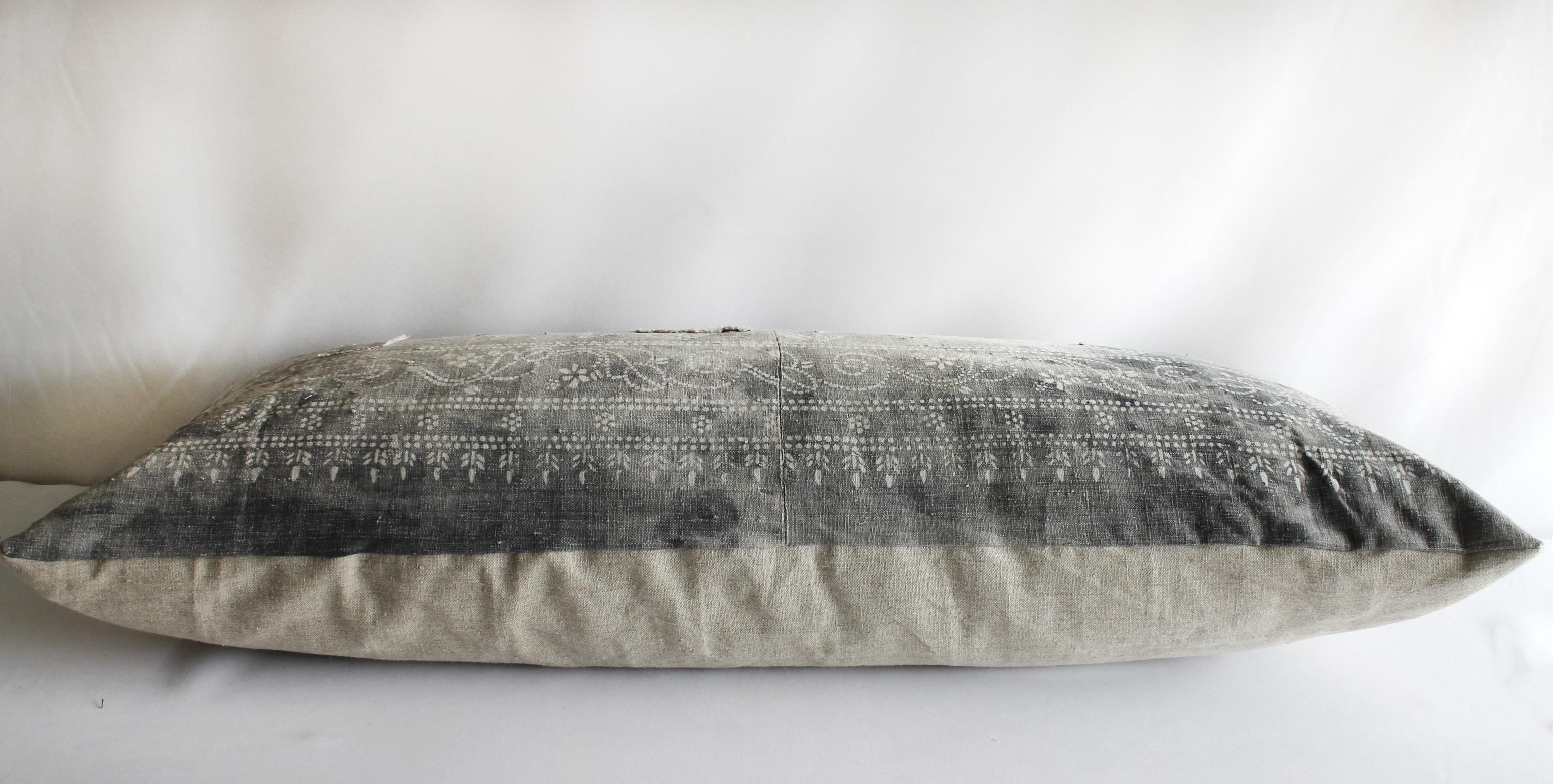 Antique Faded Gray and White Batik Lumbar Patchwork Pillow 1