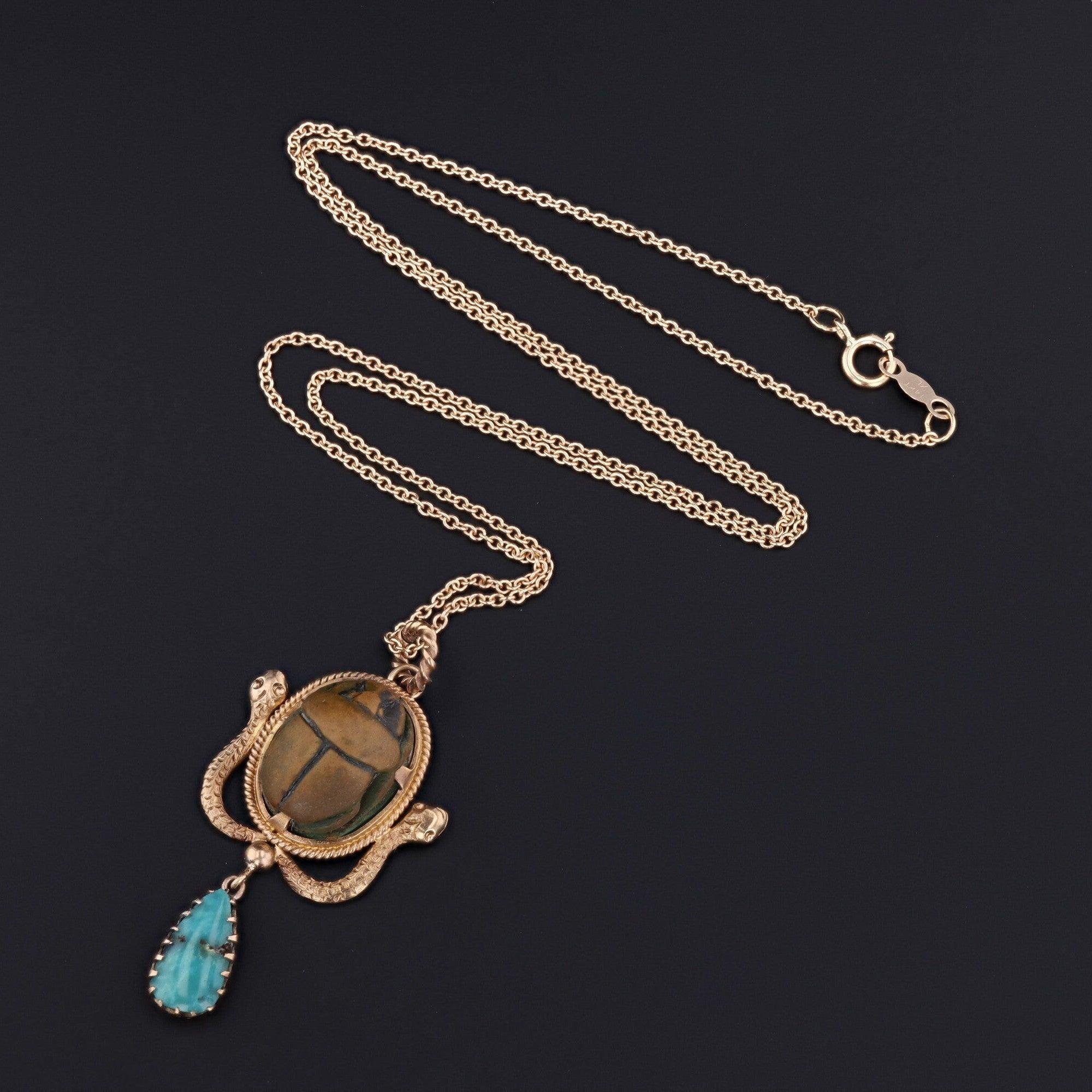 Egyptian Revival Antique Faience Scarab Necklace of 14k Gold