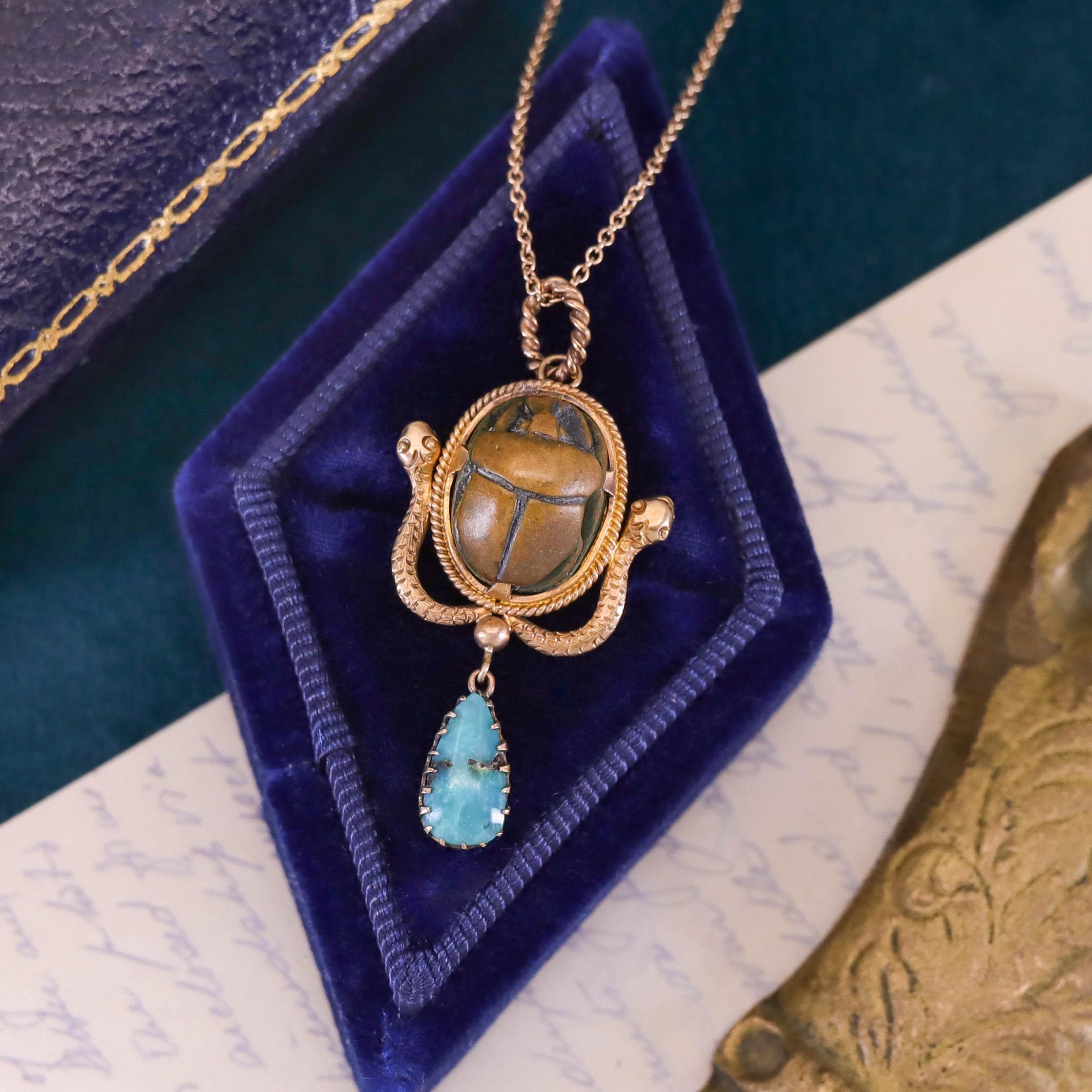 Women's Antique Faience Scarab Necklace of 14k Gold