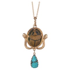Antique Faience Scarab Necklace of 14k Gold