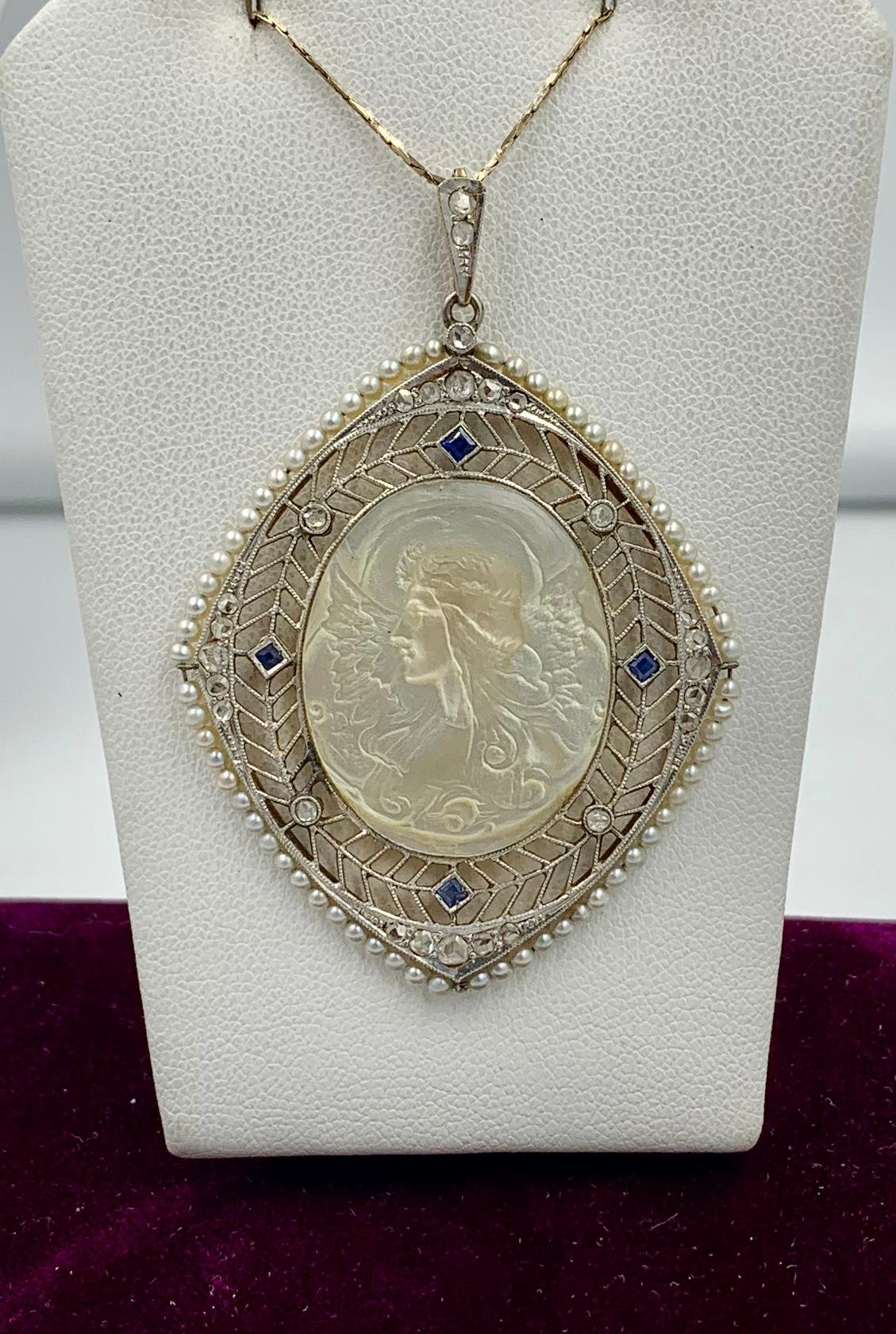 Antique Fairy Angel Pendant Rose Cut Diamond Sapphire Platinum Mother of Pearl In Good Condition For Sale In New York, NY
