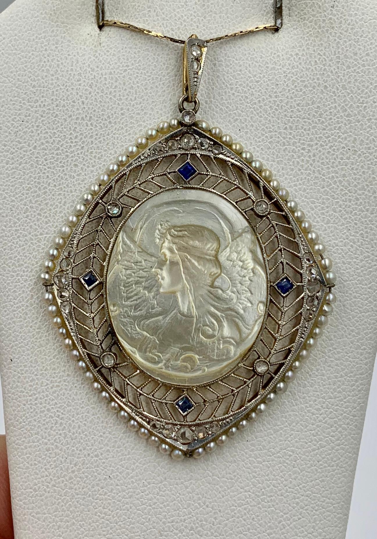 Women's Antique Fairy Angel Pendant Rose Cut Diamond Sapphire Platinum Mother of Pearl For Sale