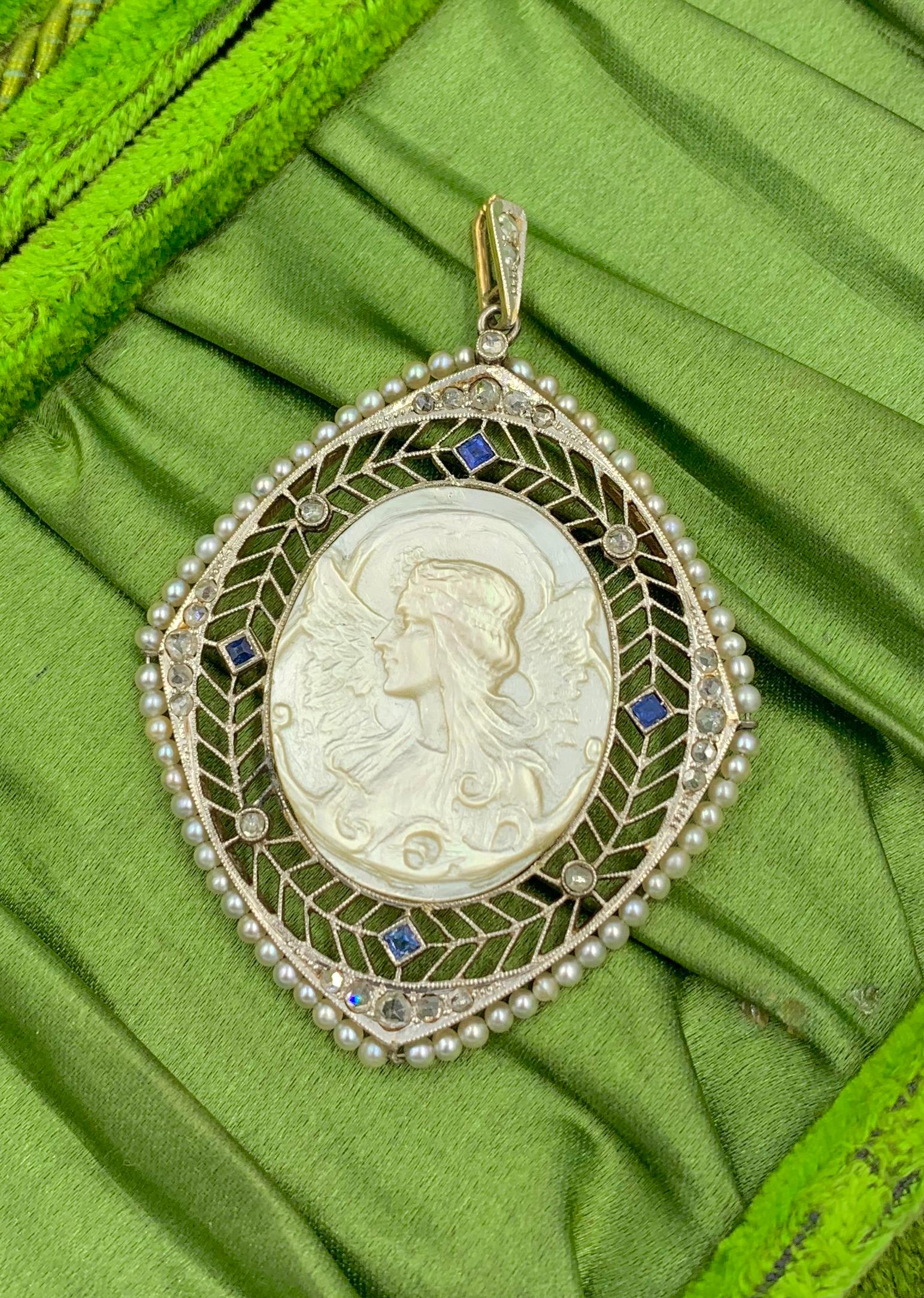 Antique Fairy Angel Pendant Rose Cut Diamond Sapphire Platinum Mother of Pearl For Sale 2
