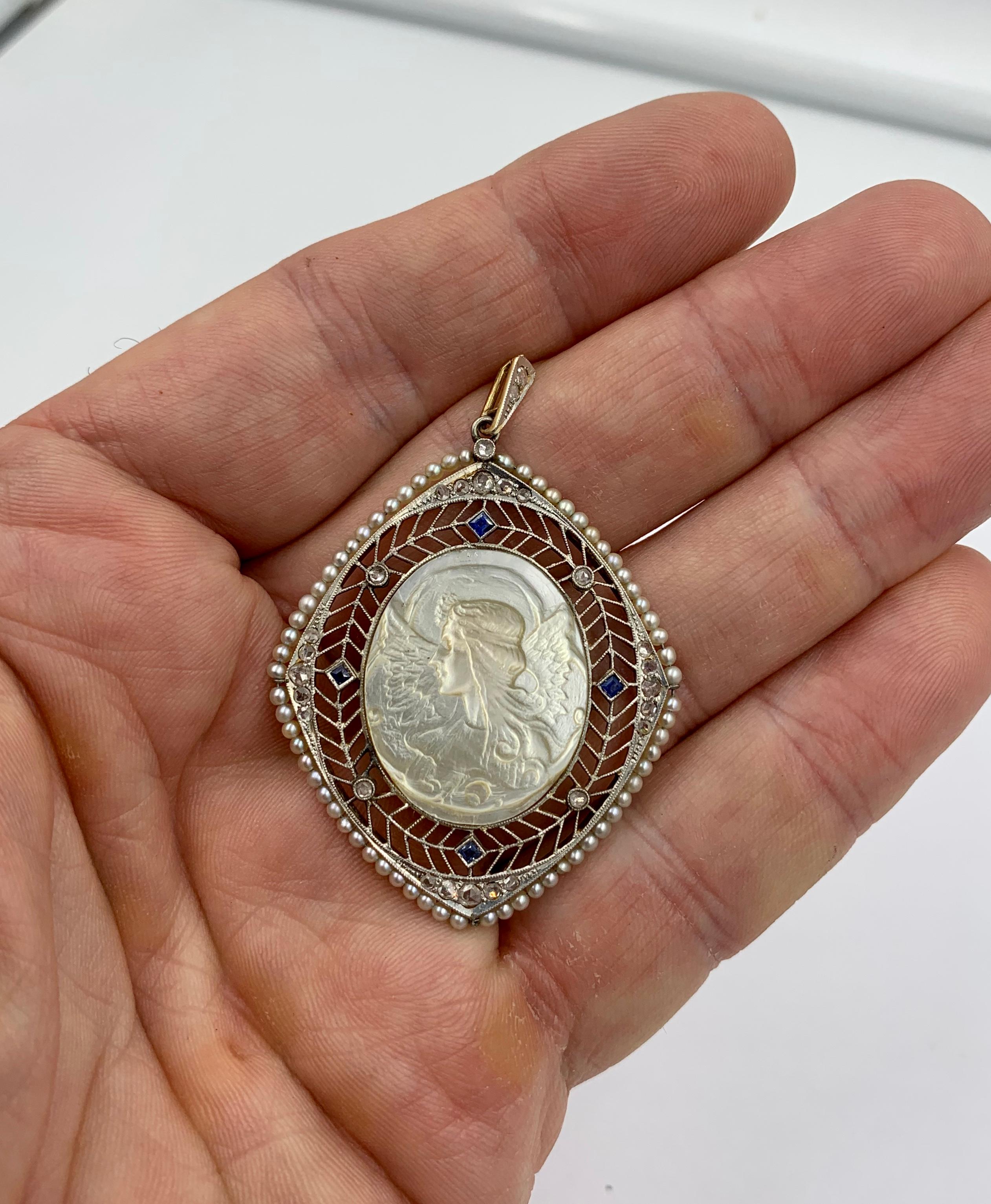 Antique Fairy Angel Pendant Rose Cut Diamond Sapphire Platinum Mother of Pearl For Sale 4