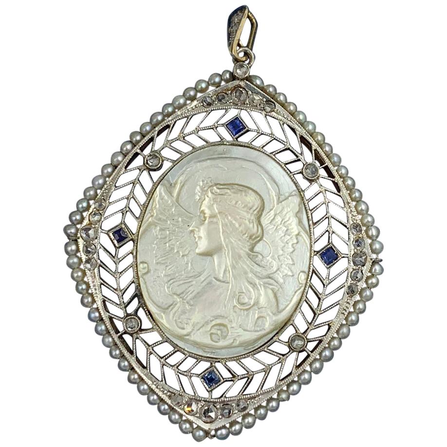 Antique Fairy Angel Pendant Rose Cut Diamond Sapphire Platinum Mother of Pearl For Sale