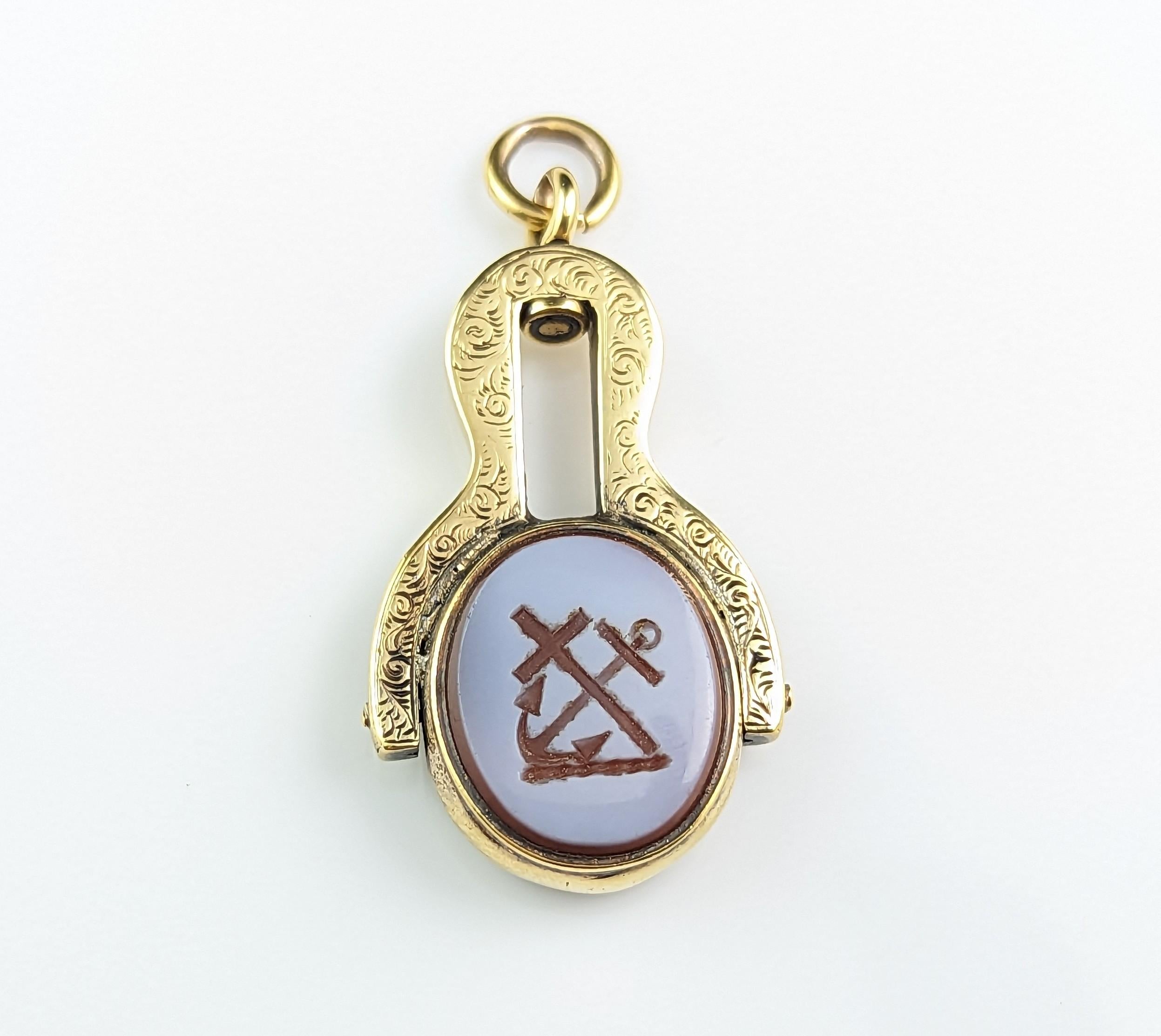 Antique Faith and Hope seal fob pendant, 9k gold, Sardonyx and Bloodstone  For Sale 7