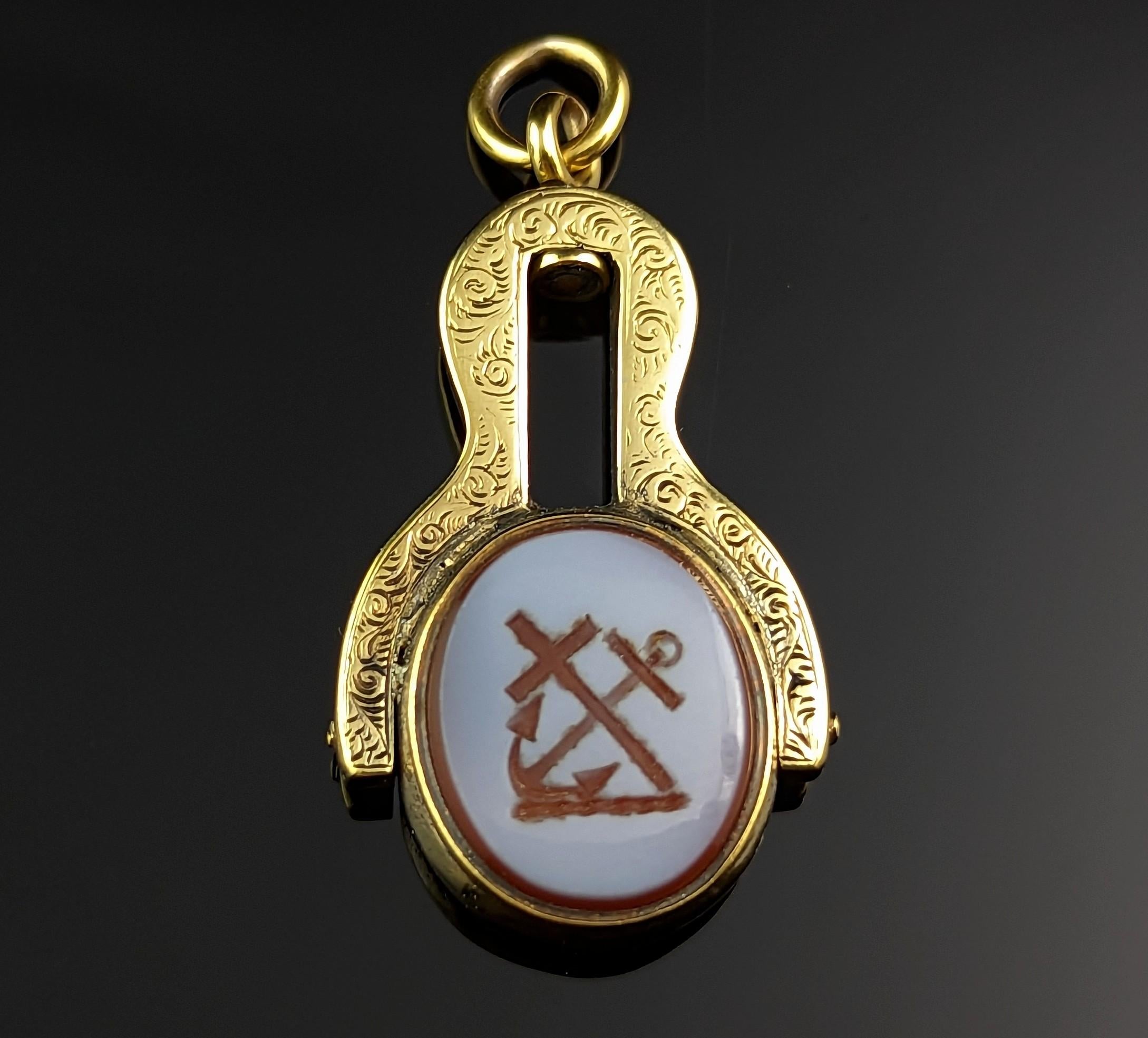 Women's or Men's Antique Faith and Hope seal fob pendant, 9k gold, Sardonyx and Bloodstone  For Sale