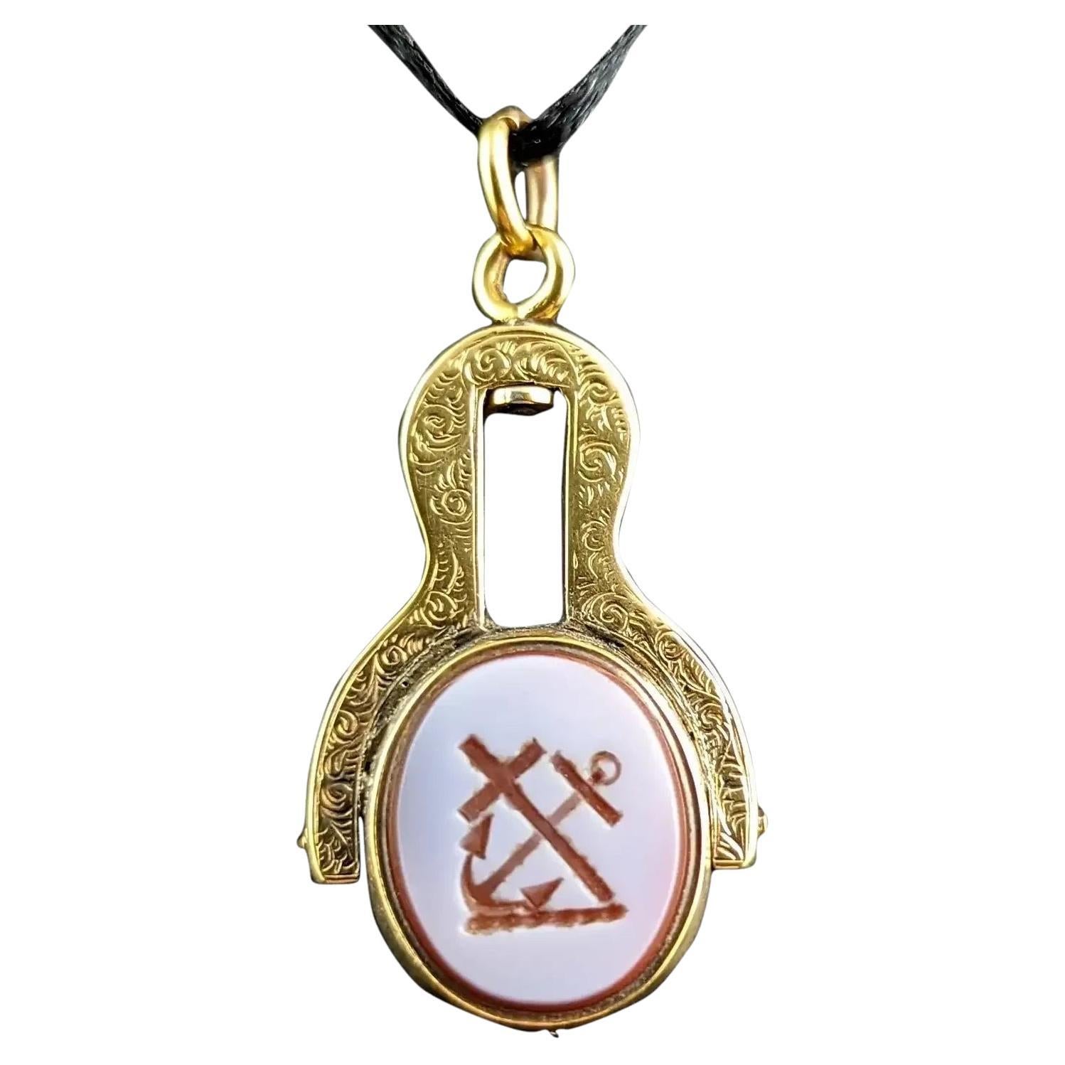 Antique Faith and Hope seal fob pendant, 9k gold, Sardonyx and Bloodstone 