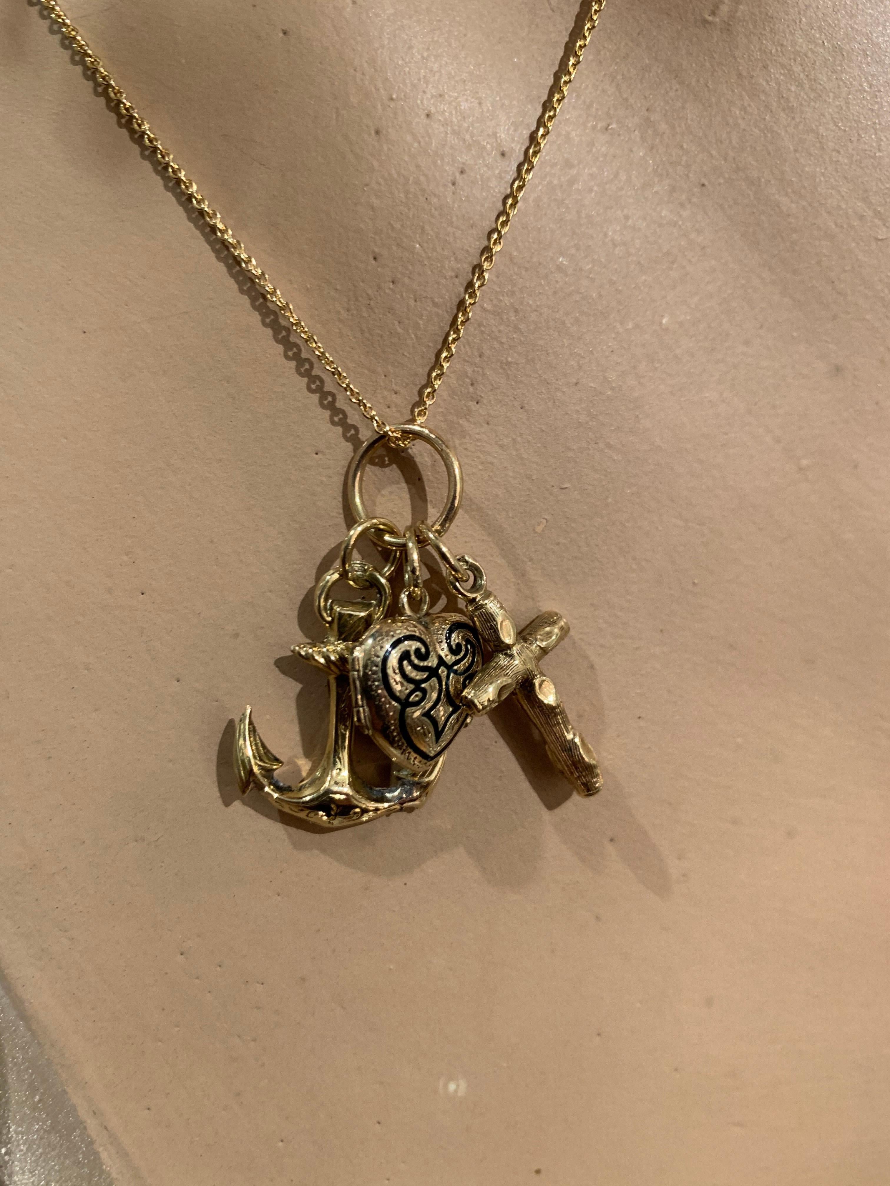 Antique Faith Hope Charity 18 Karat Gold Heart Locket Cross Anchor Charm Pendant 1