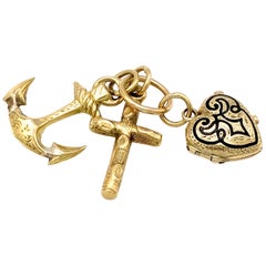 Antique Faith Hope Charity 18 Karat Gold Heart Locket Cross Anchor Charm Pendant