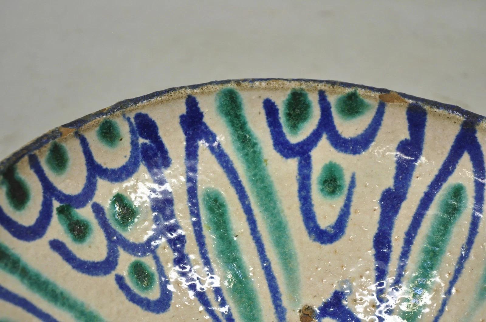 Antike Fajalauza Emaille Spanisch Terrakotta Keramik Blau Grün Gemalt Schüssel im Zustand „Gut“ im Angebot in Philadelphia, PA