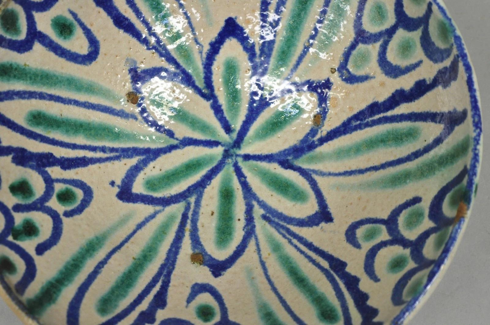 Antike Fajalauza Emaille Spanisch Terrakotta Keramik Blau Grün Gemalt Schüssel (Porzellan) im Angebot